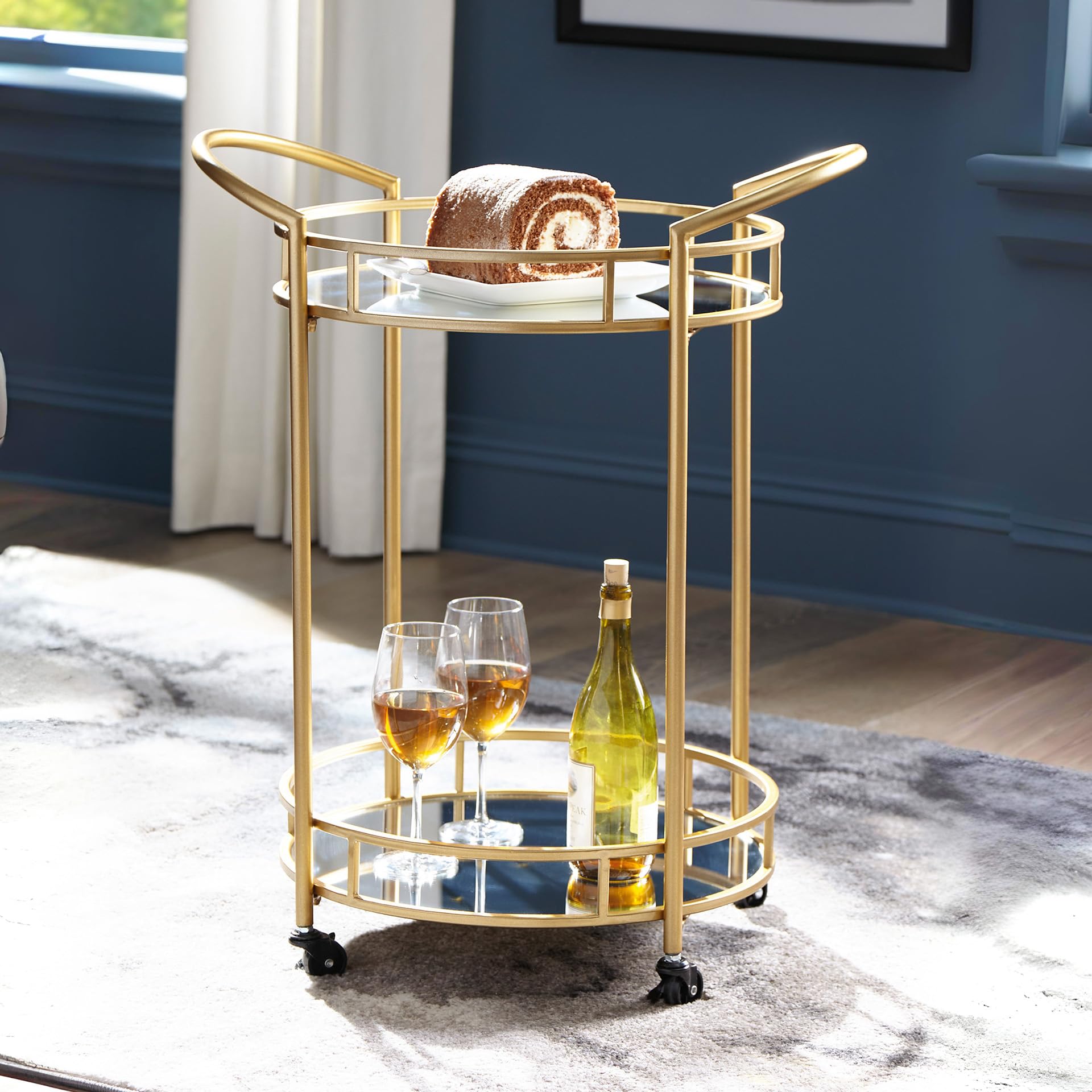 Round Modern Bar Serving Cart with 2 Mirrored Shelves