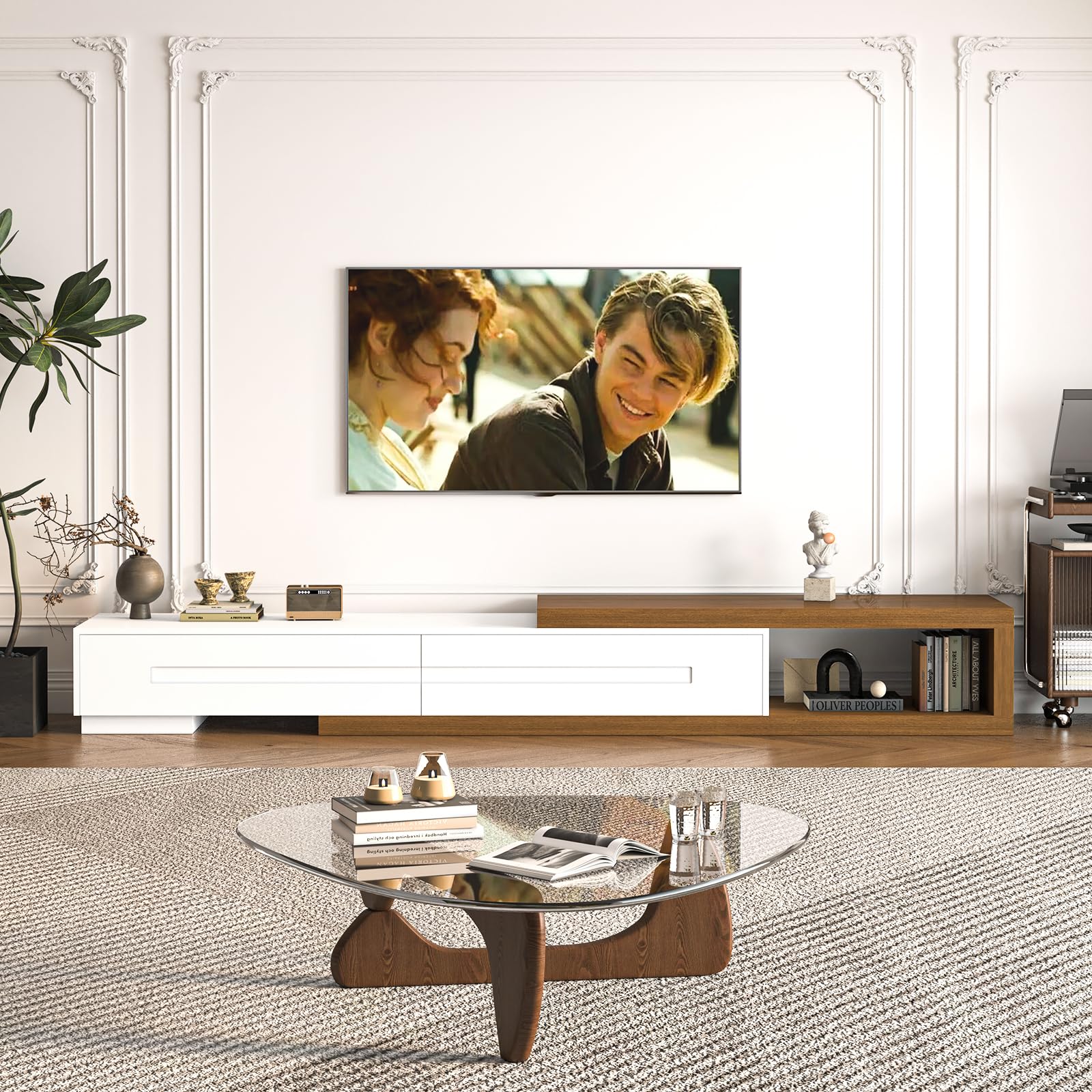 Extendable TV Stand 82-110 Inch with 2 Drawers White