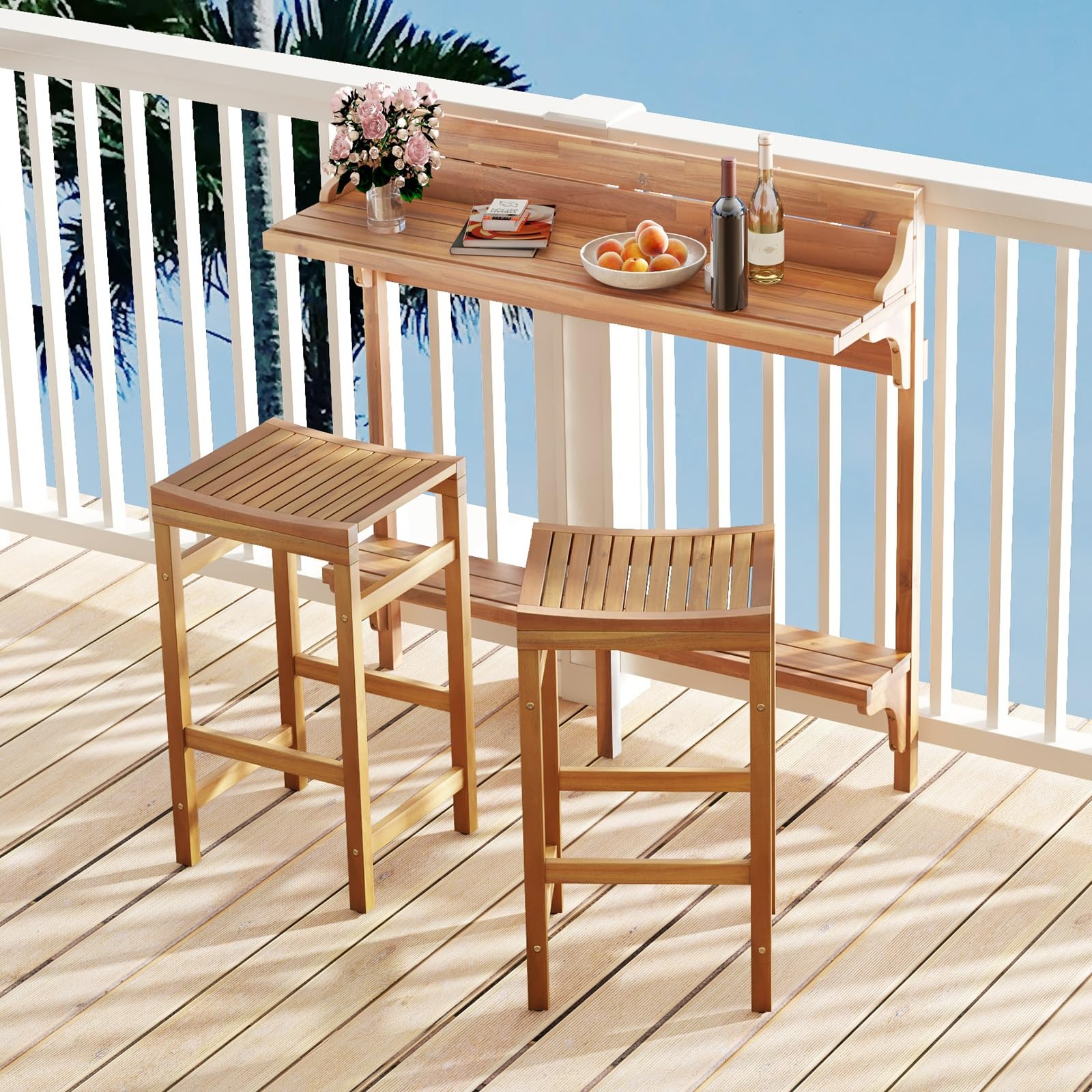 3-Piece Acacia Wood Balcony Bar Set with Stools