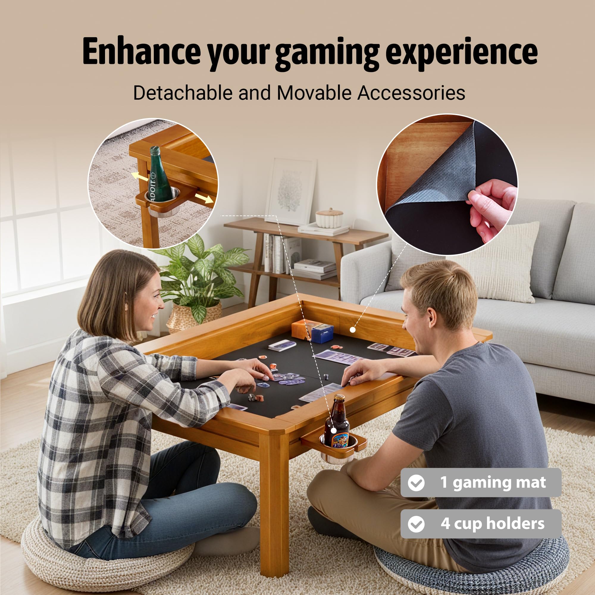 Solid Wood Board Game Coffee Table with Removable Top 3-in-1