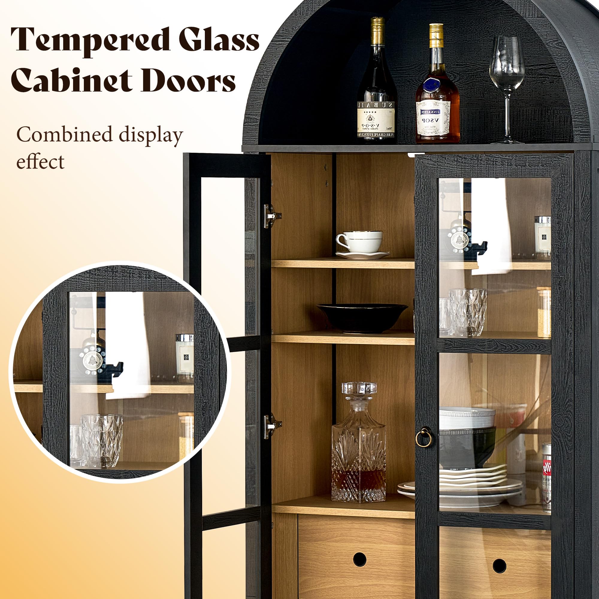 Tall Arched Storage Cabinet with Glass Doors