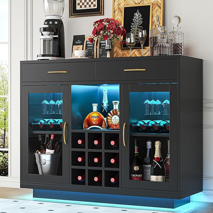 Wine Bar Cabinet with LED Lights and Glass Rack