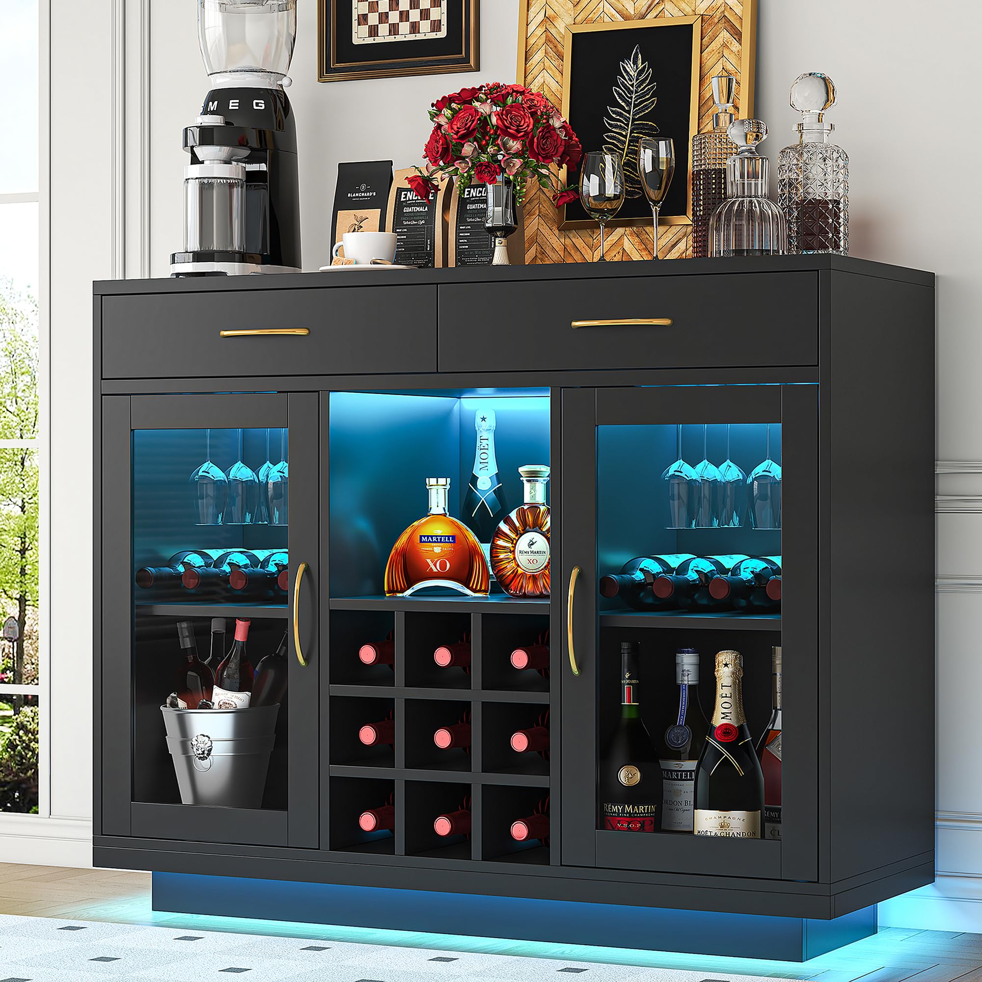 Wine Bar Cabinet with LED Lights and Glass Rack