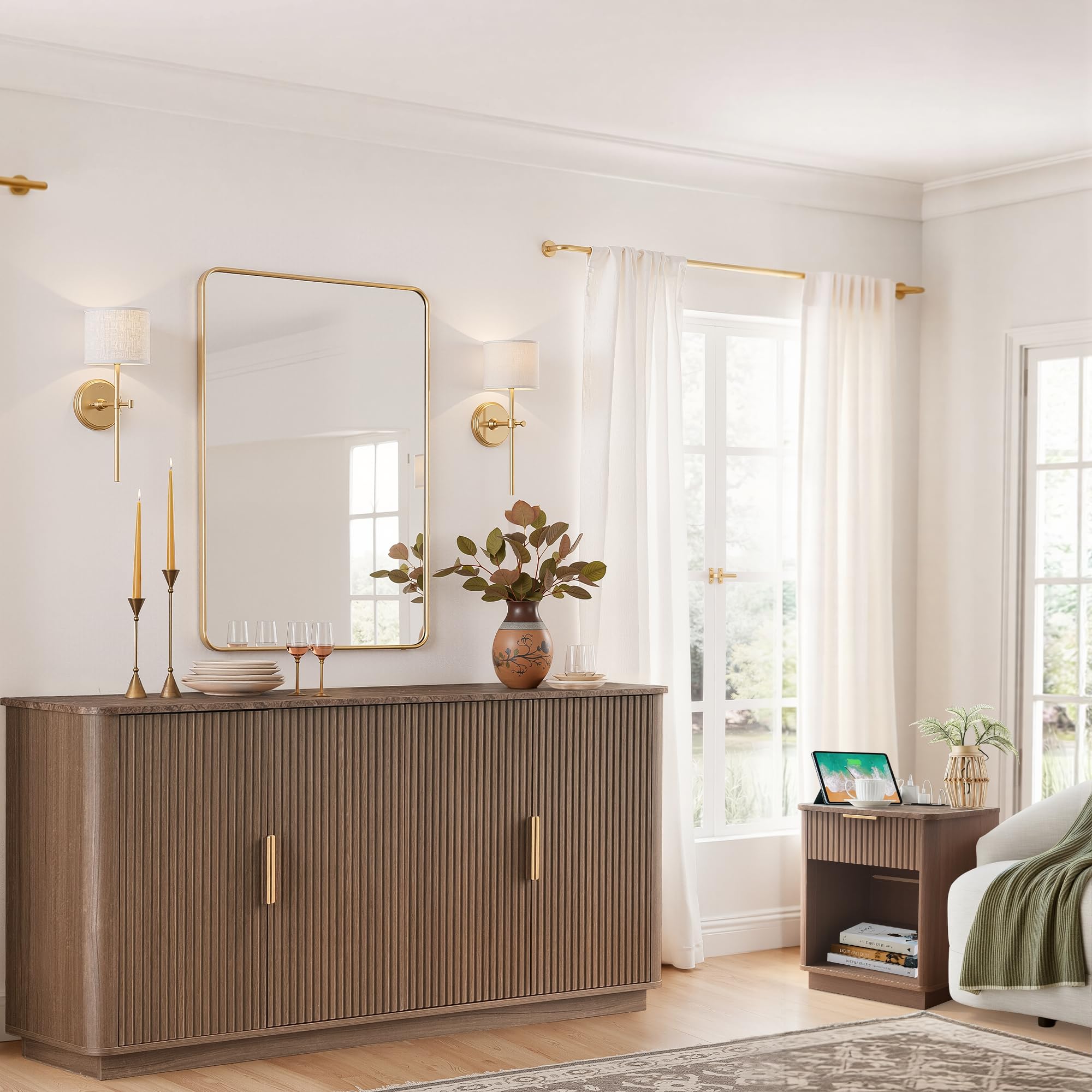 63" Fluted Sideboard Buffet Cabinet with Faux Marble Top