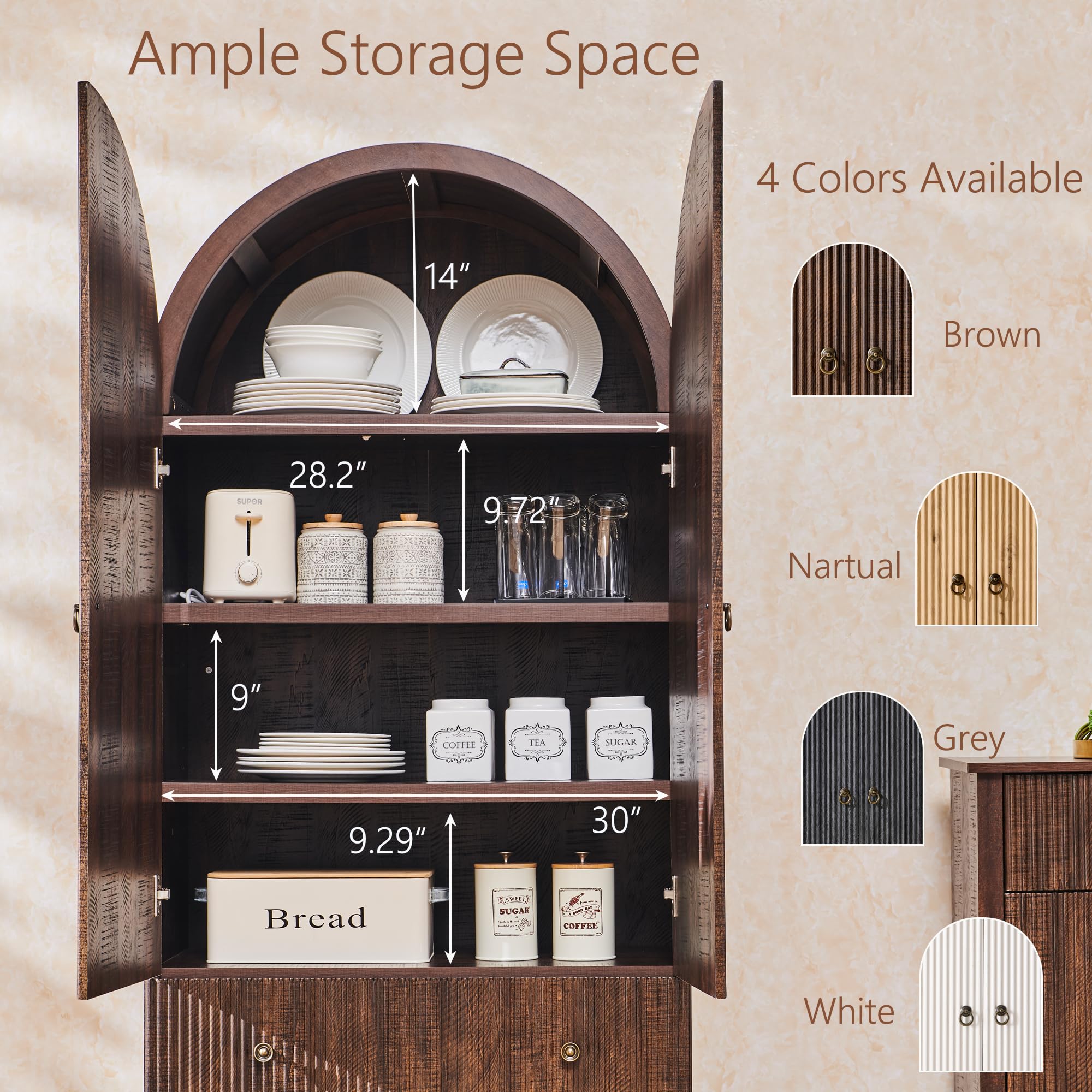71" Tall Arched Pantry Cabinet with Adjustable Shelves and Drawers