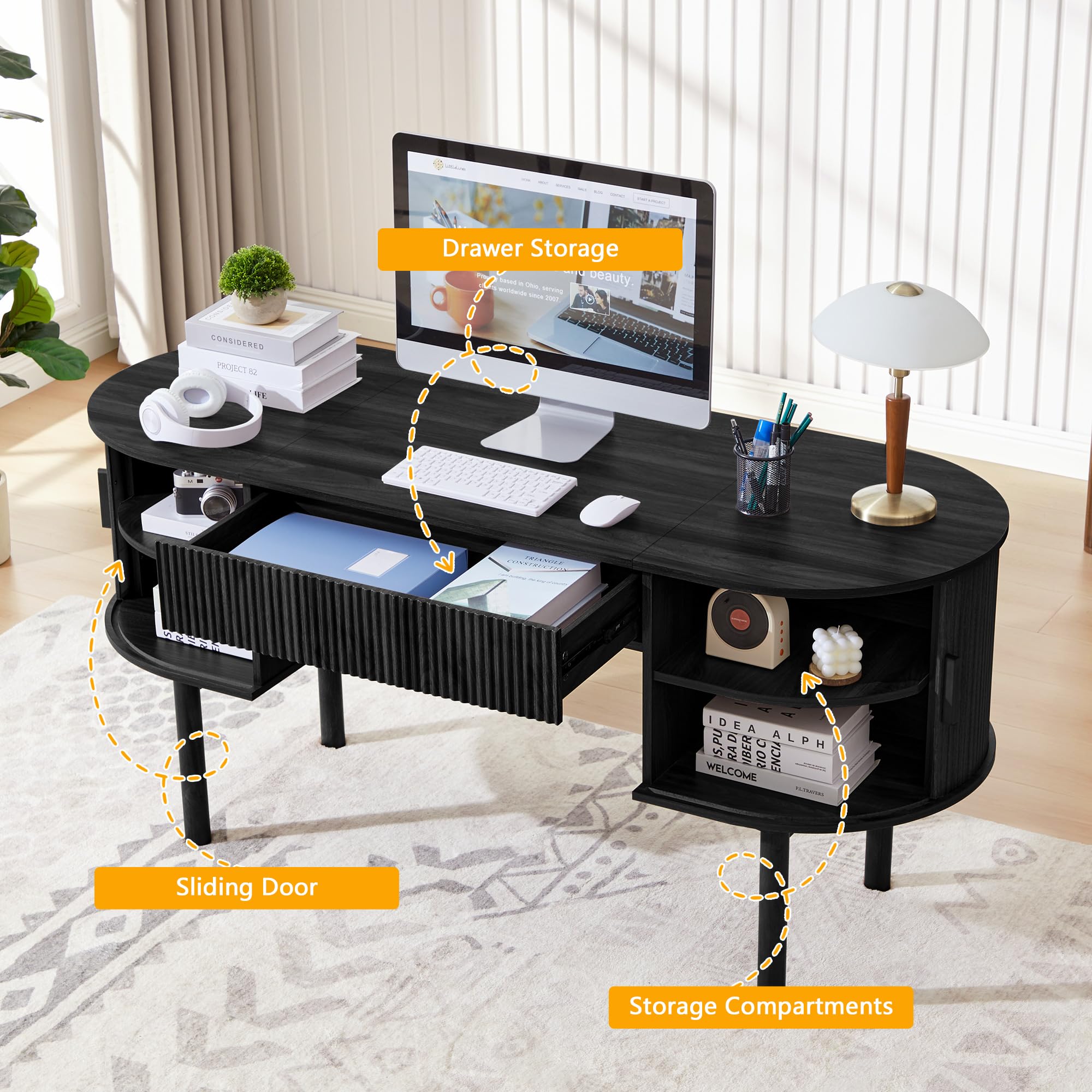 Modern Fluted Oval Executive Desk with Storage