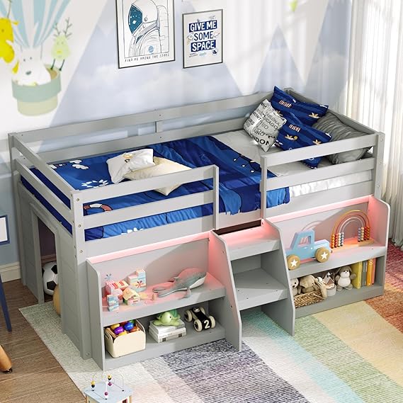 Low Loft Bed with LED Light and Bookcases