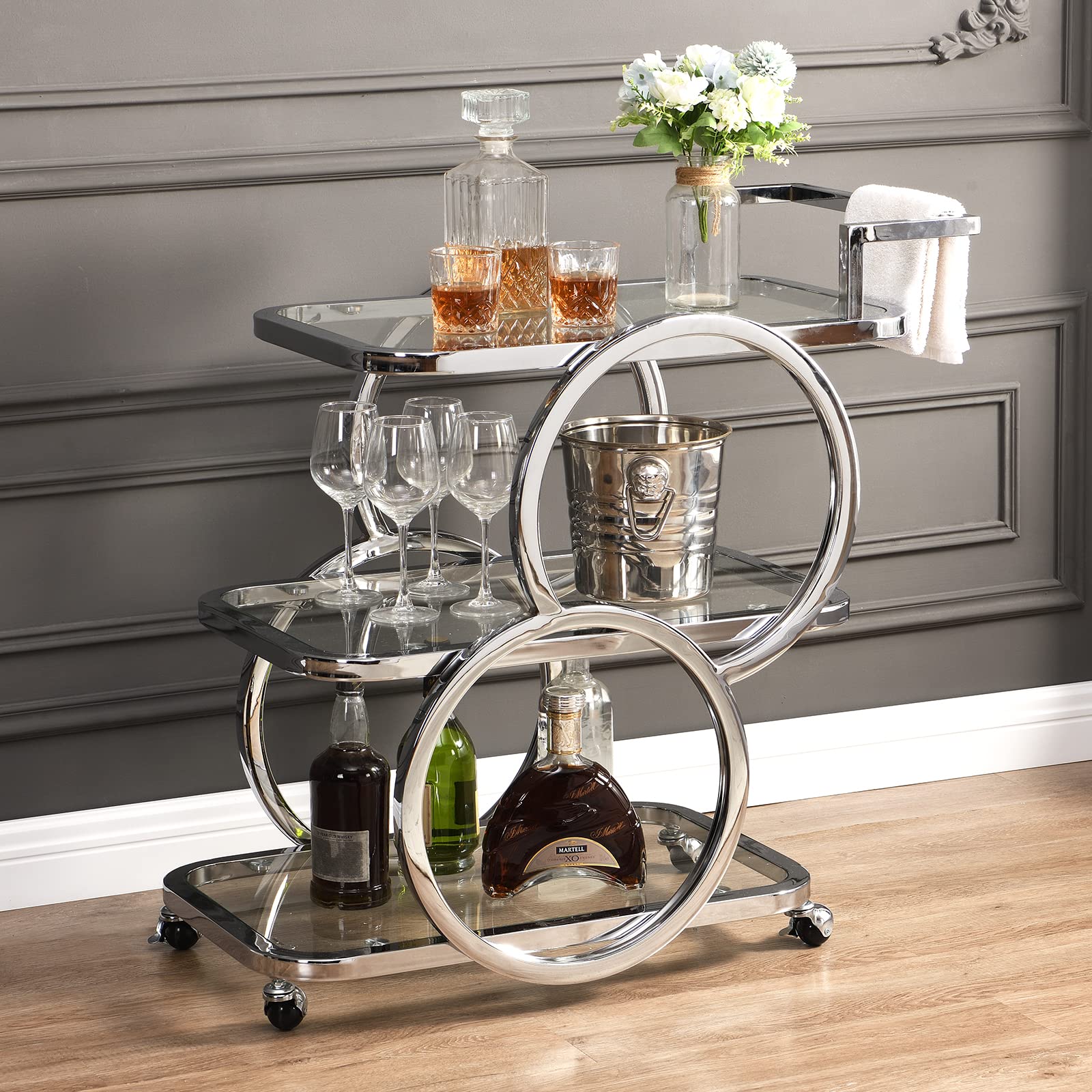 3 Tier Mobile Bar Cart on Wheels Chrome