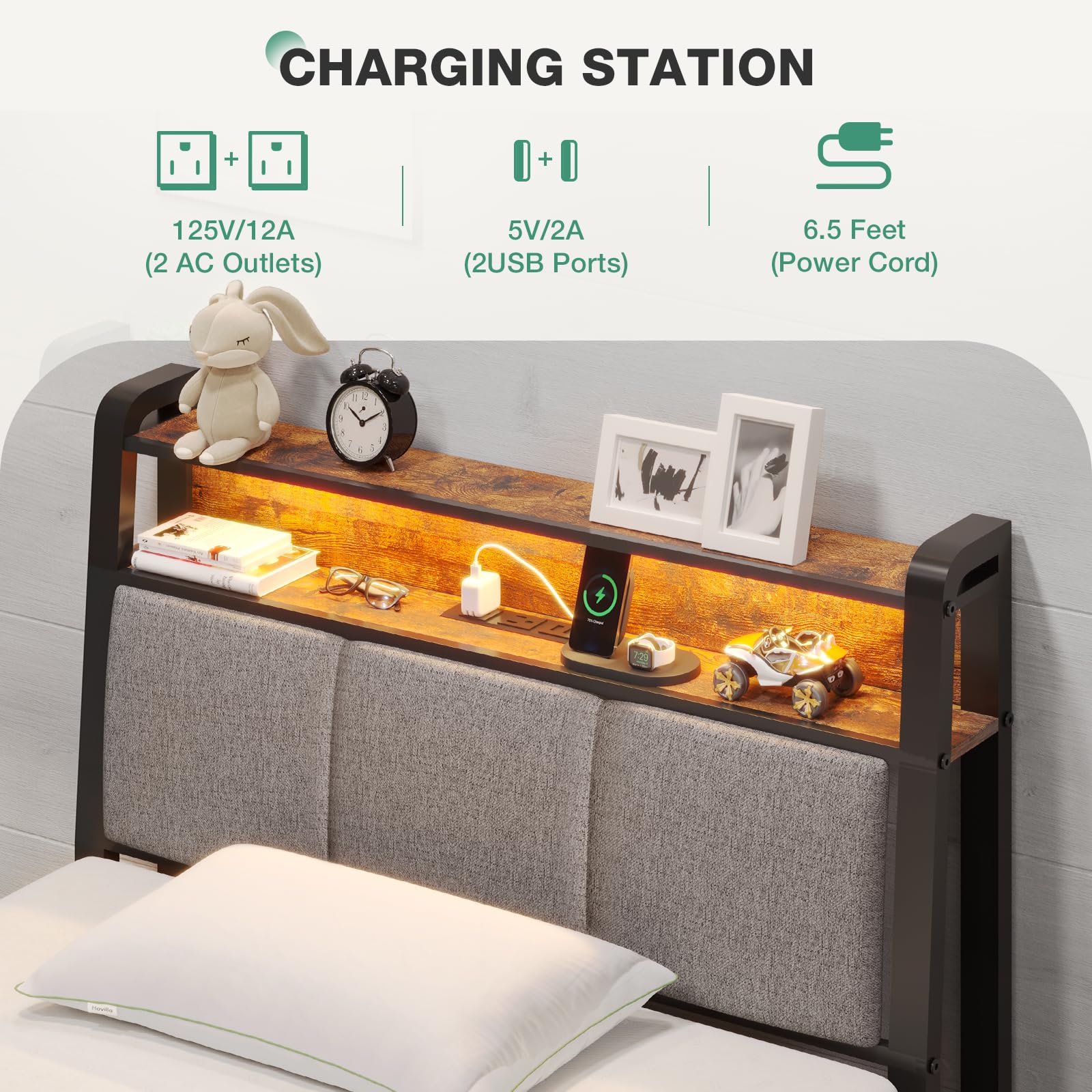 Twin Bed Frame with Charging Station and LED Lights