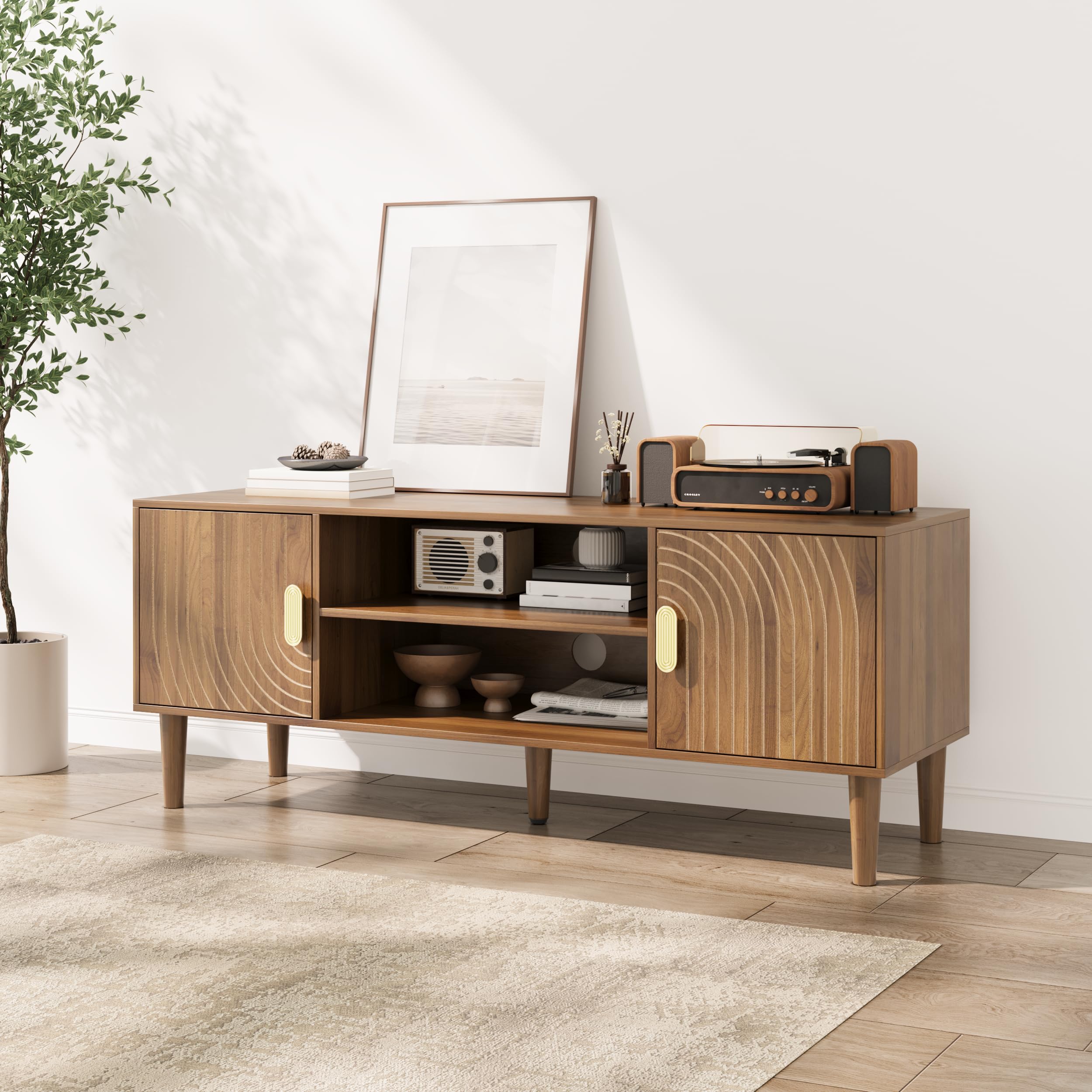 Walnut TV Stand with Line Groove Design - 47.2" Mid Century Modern Media Console