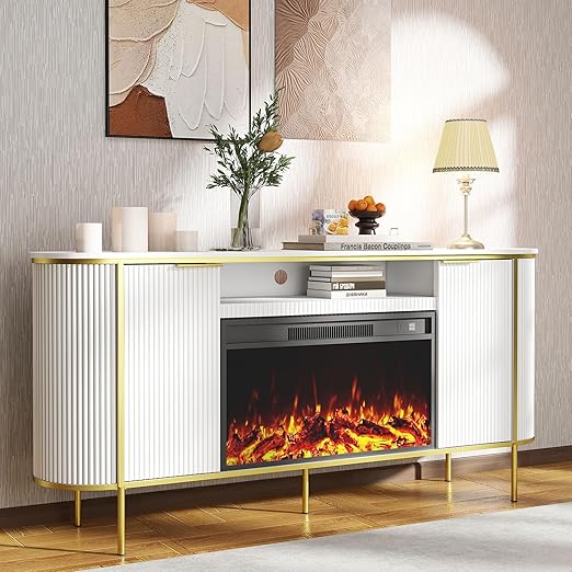 70" White Fluted TV Stand with Storage for TVs Up to 80"