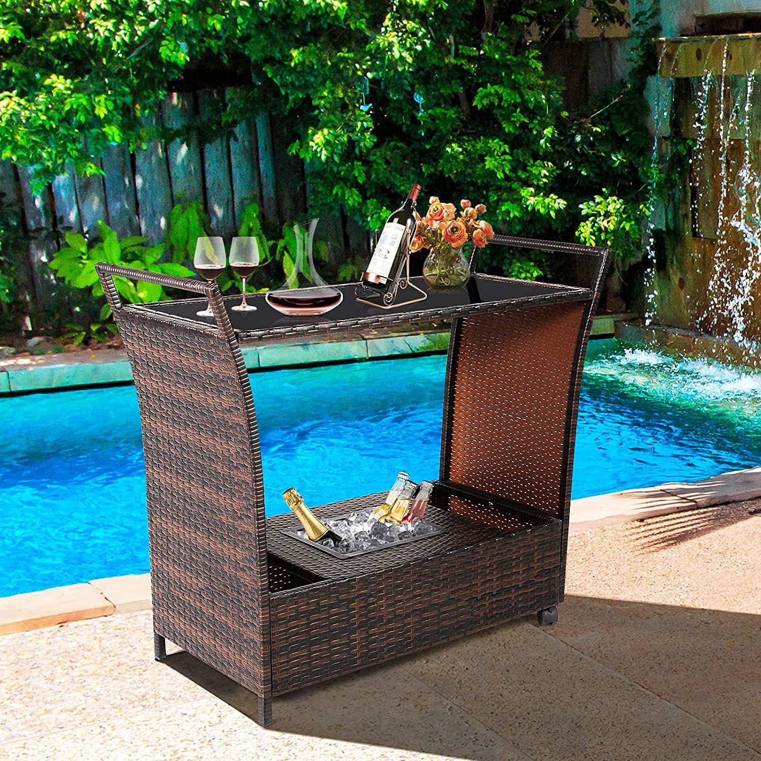 Outdoor Wicker Bar Cart with Ice Bucket