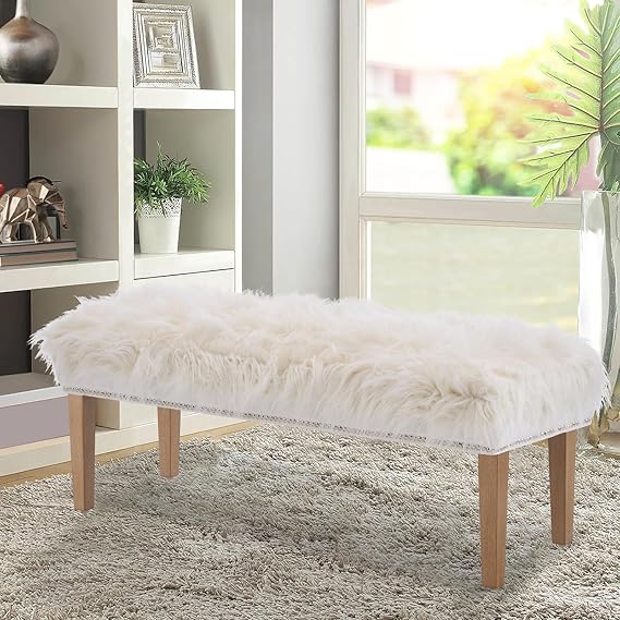 White Faux Fur Upholstered Bench with Wooden Legs
