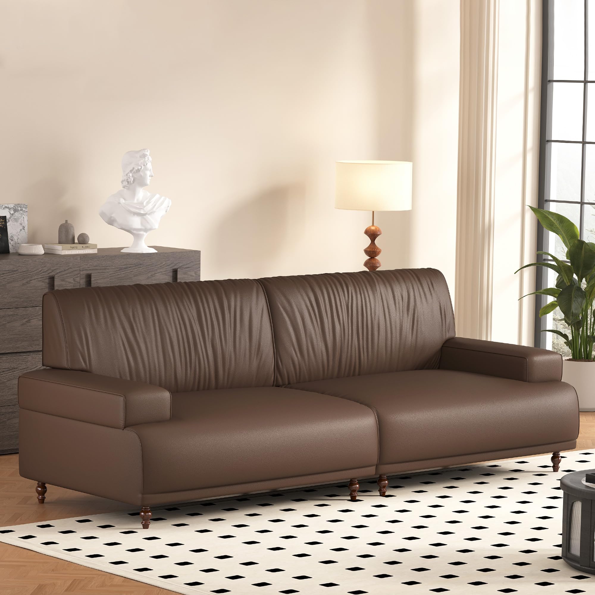 NessCarsti 86.41" Mid-Century Modern Leather 3-Seater Couch, Comfortable Sofa with Solid Wood Legs and Frame, for Living Room, Bedroom, Apartment, and Office,Brown