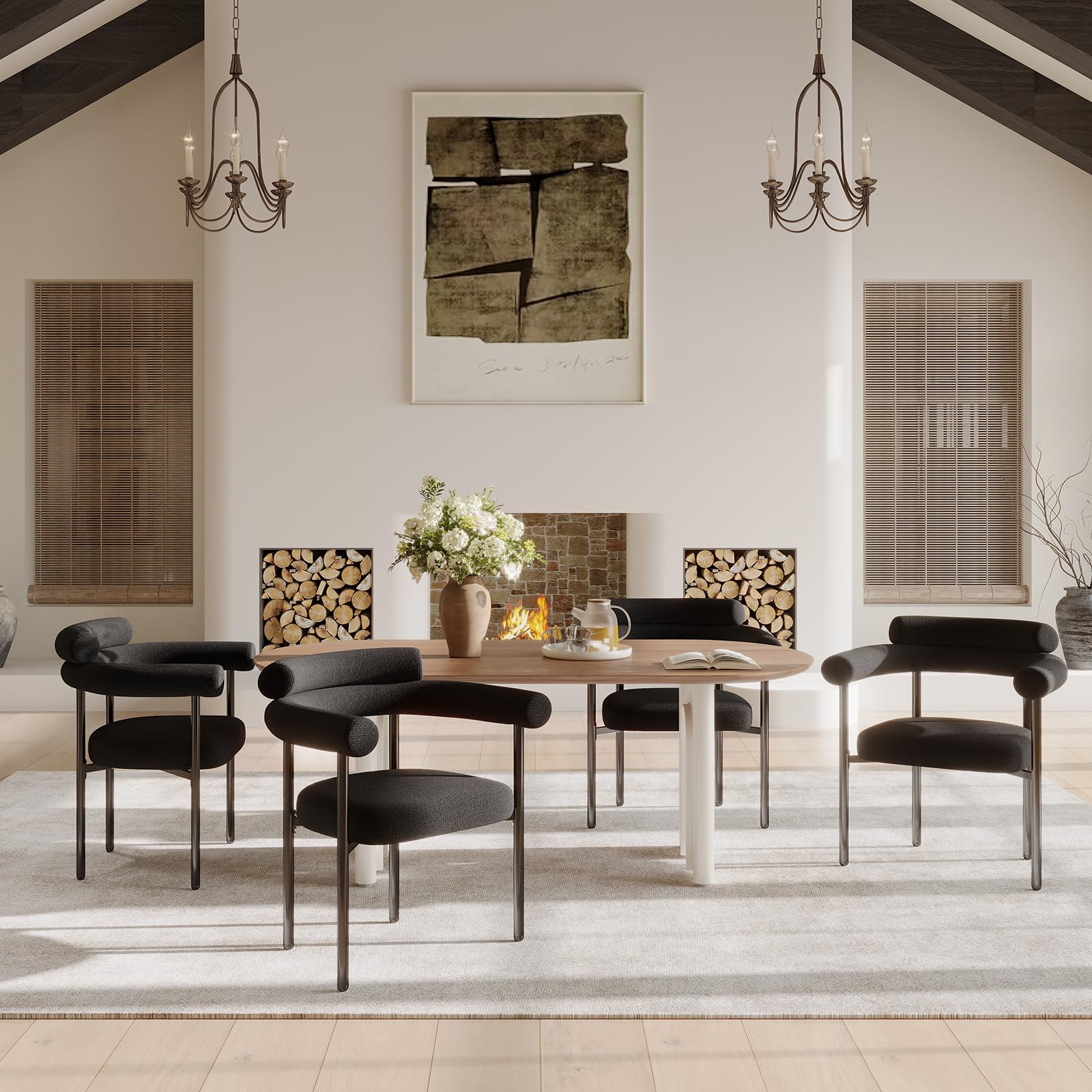 Modern Black Boucle Dining Chairs Set of 4 with Arms