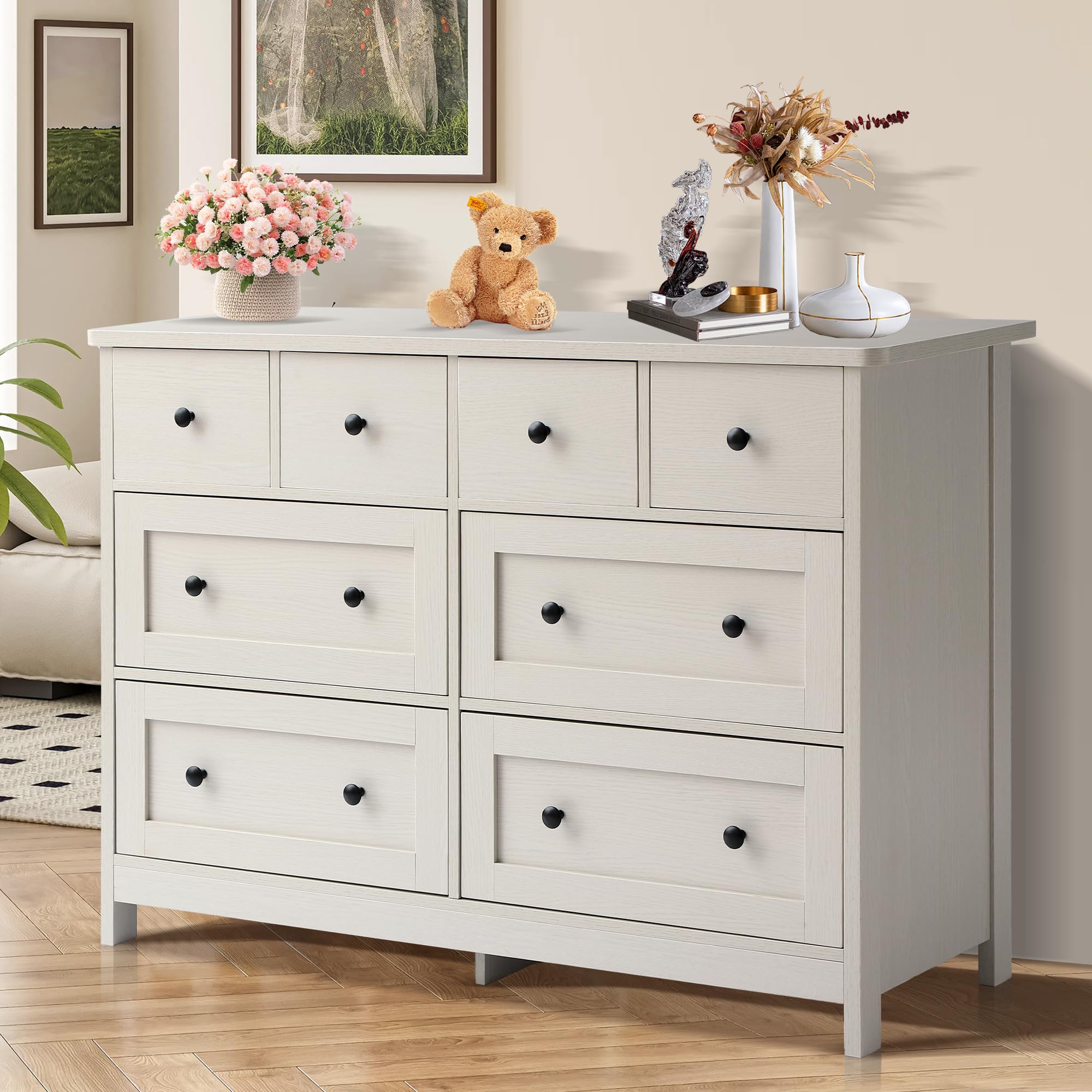 8 Drawer Dresser 47 Inch Wooden Chest with Gold Knobs