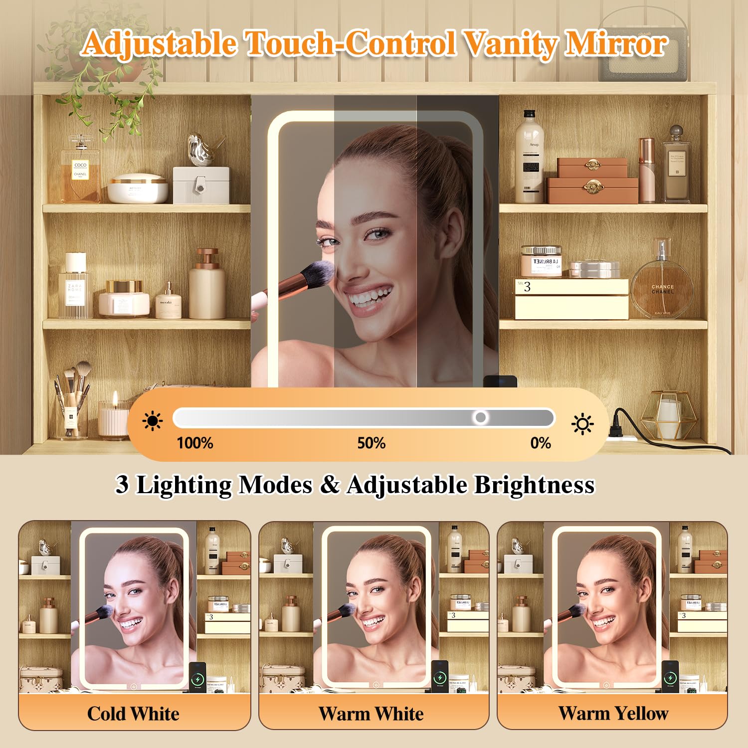 Large Vanity Desk with Mirror and Lights