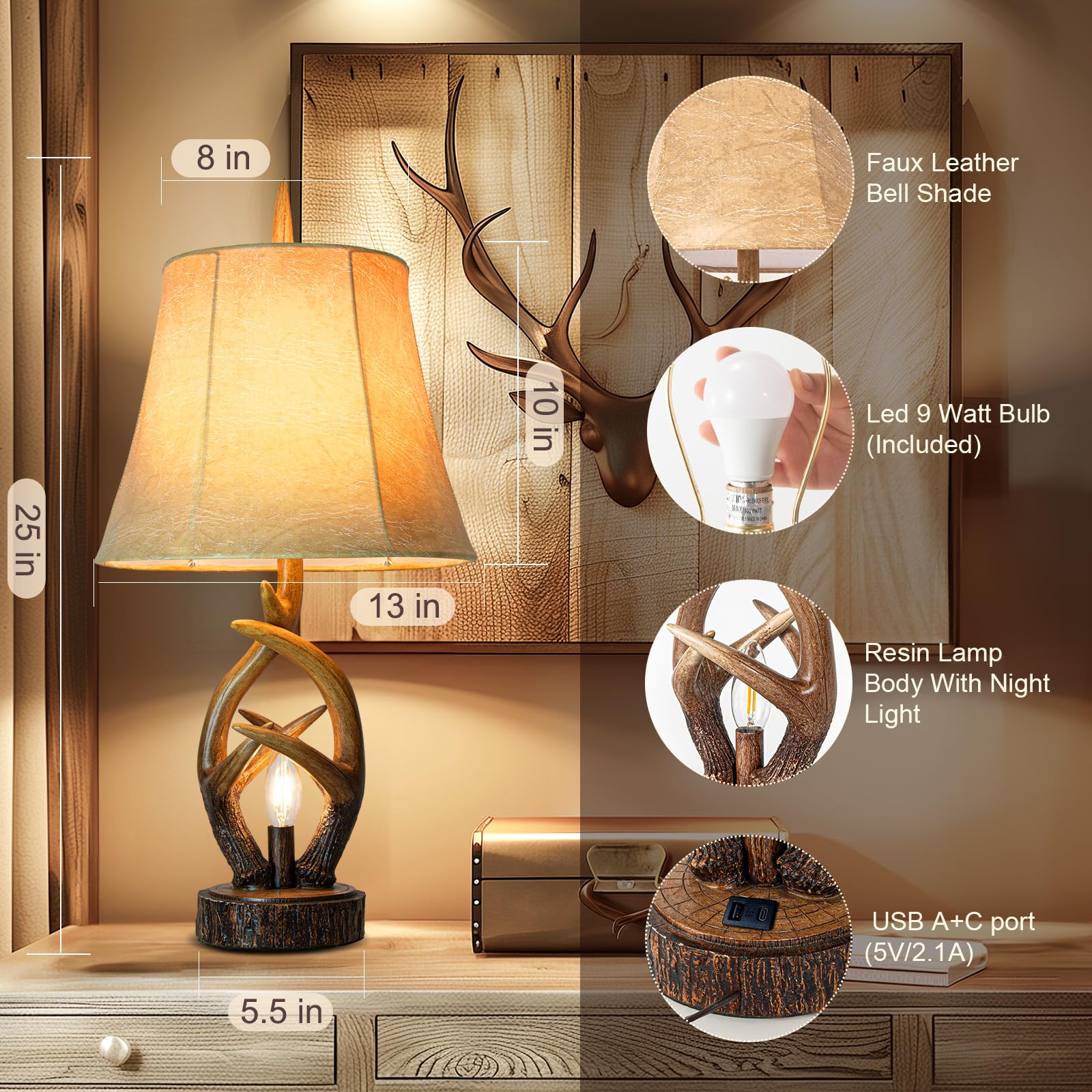 Rustic Farmhouse Antler Table Lamp Set of 2 with USB Ports and Nightlight