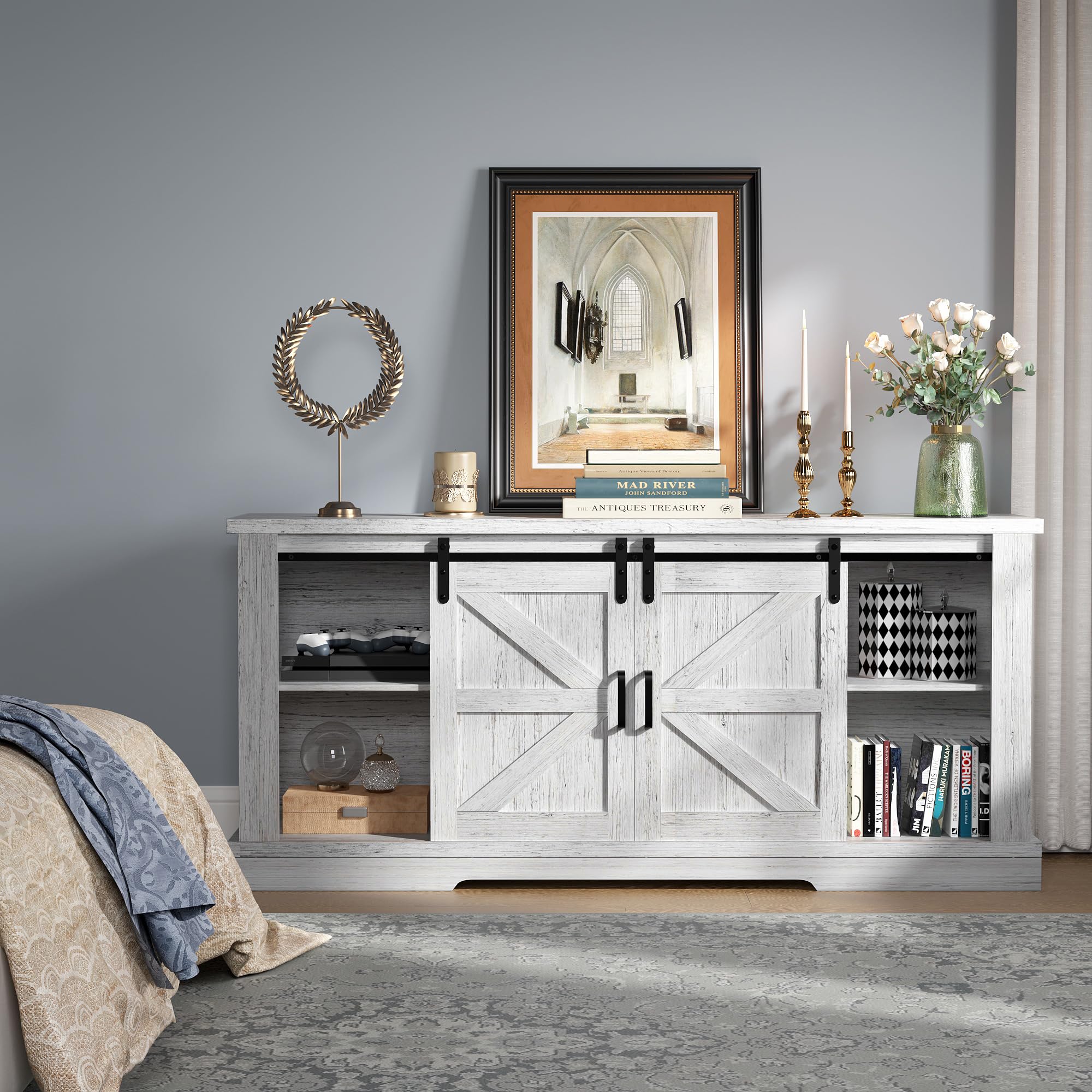 58-Inch Farmhouse TV Console with Sliding Barn Doors