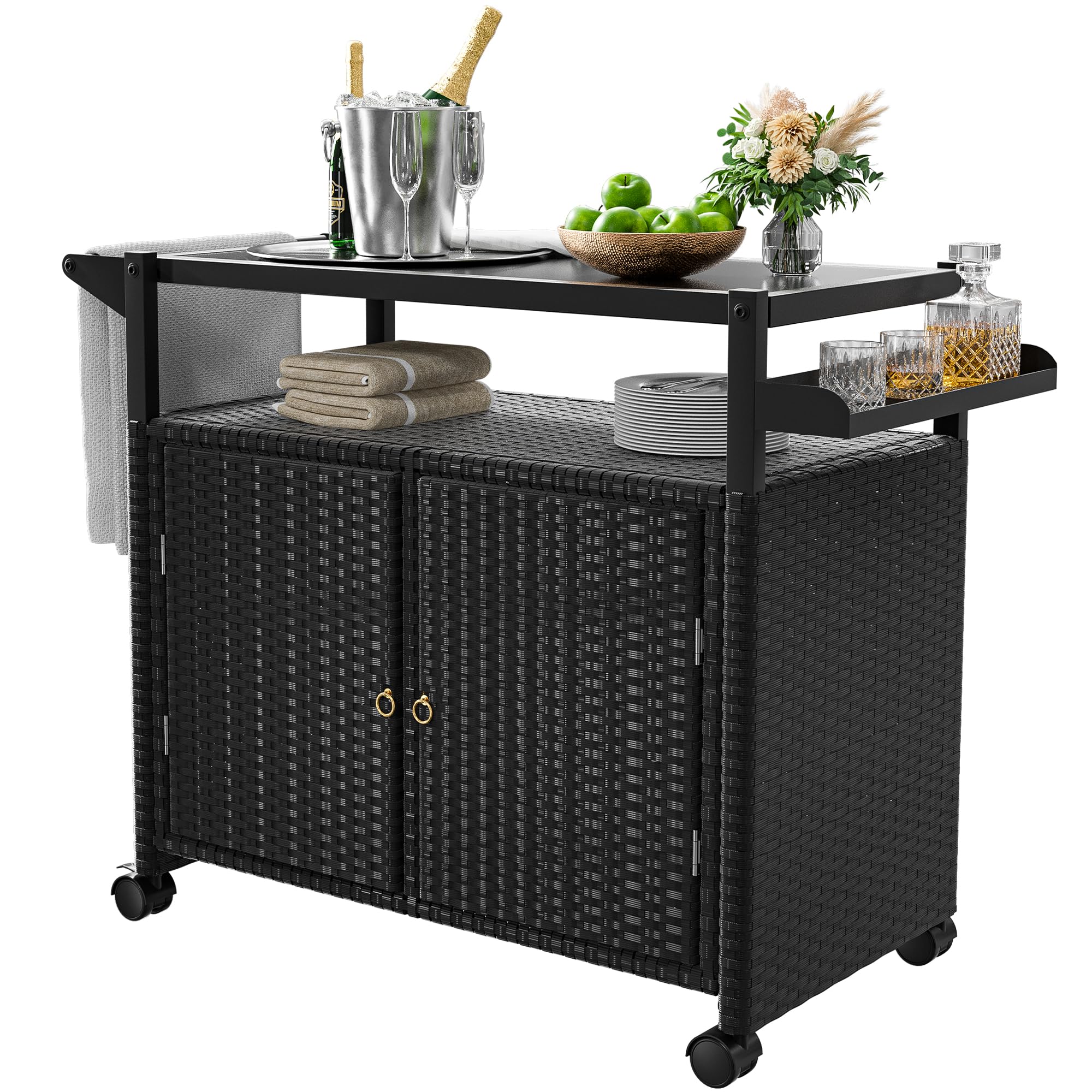 Outdoor Bar Cart with Wicker Cabinet