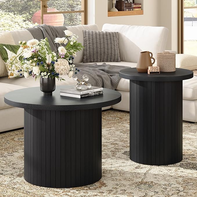 Nesting Coffee Table Set of 2 Mid Century Modern Round Wood Slat Side Tables