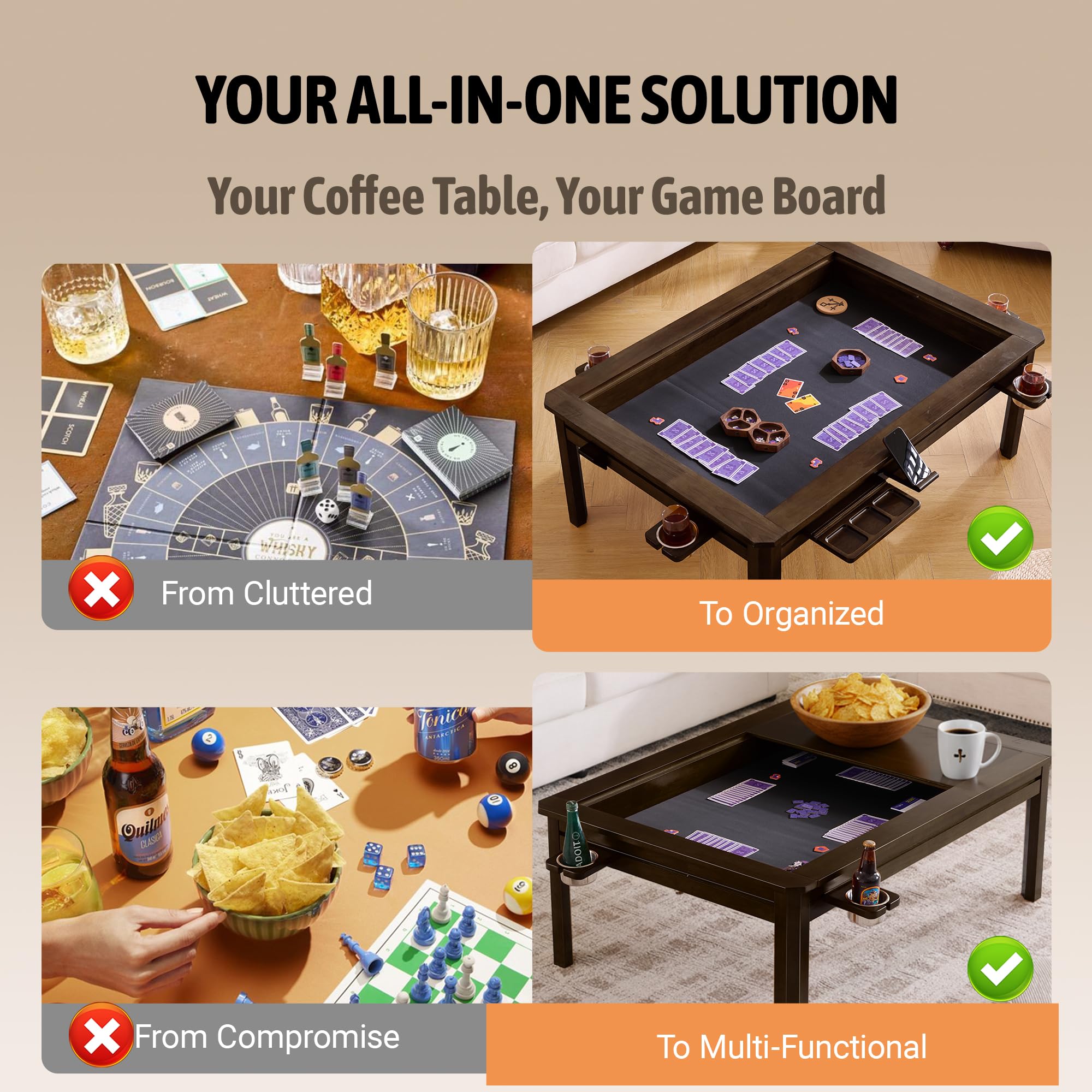 Solid Wood Board Game Coffee Table with Removable Top