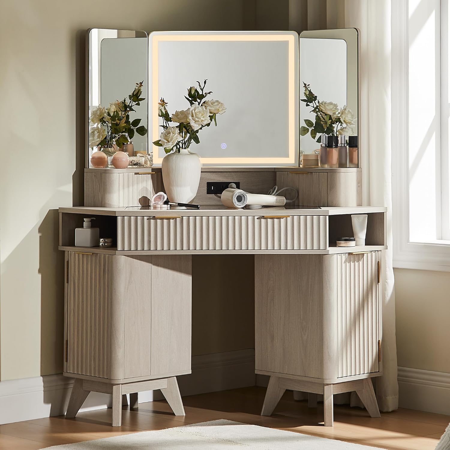 48" Corner Makeup Vanity Desk with 3-Way Mirror and Lights