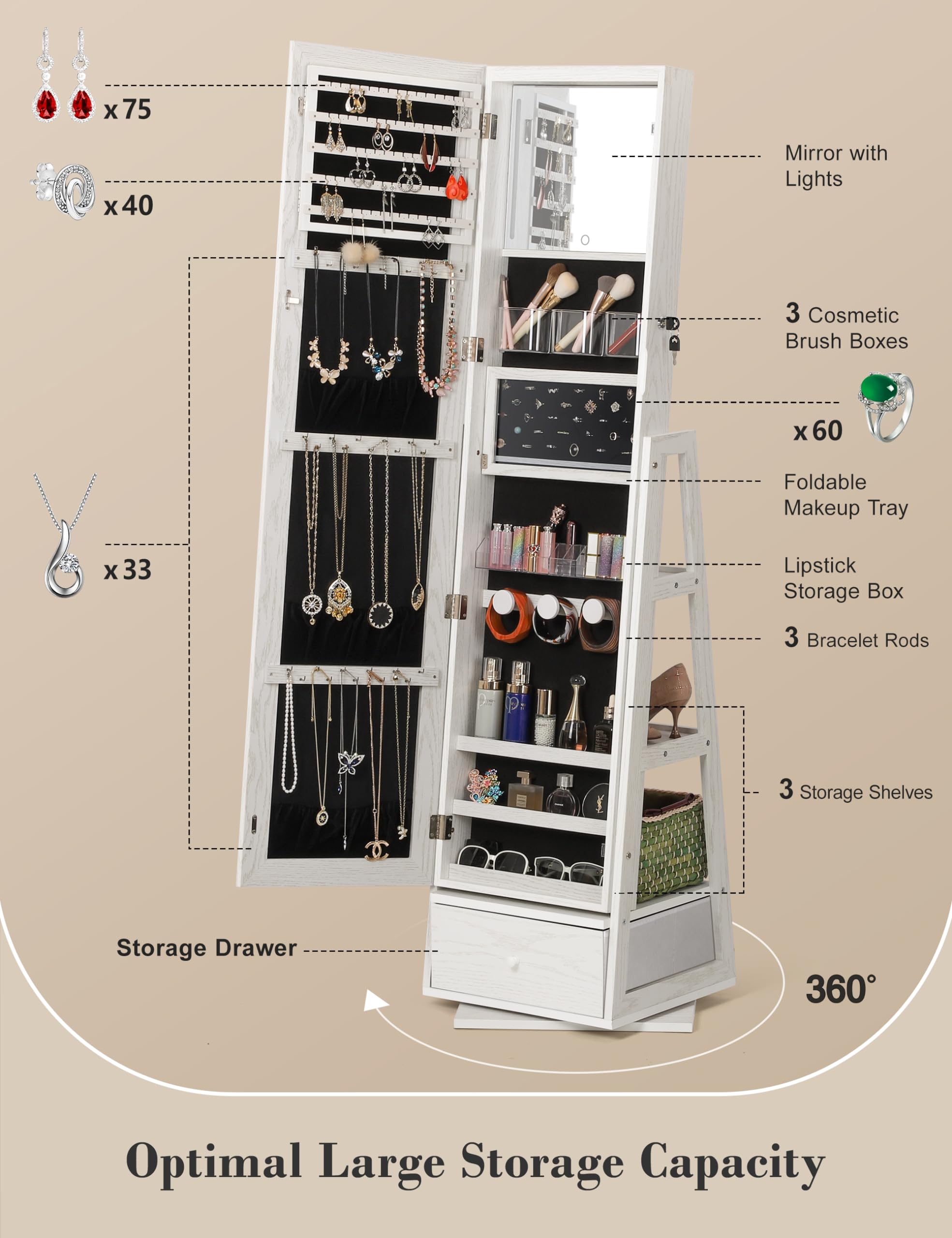 360° Swivel Jewelry Cabinet with Lights and Touch Screen Mirror