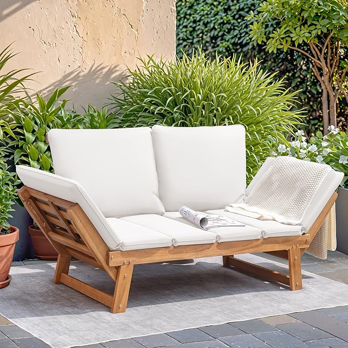 Acacia Wood Outdoor Convertible Sofa with Adjustable Armrests