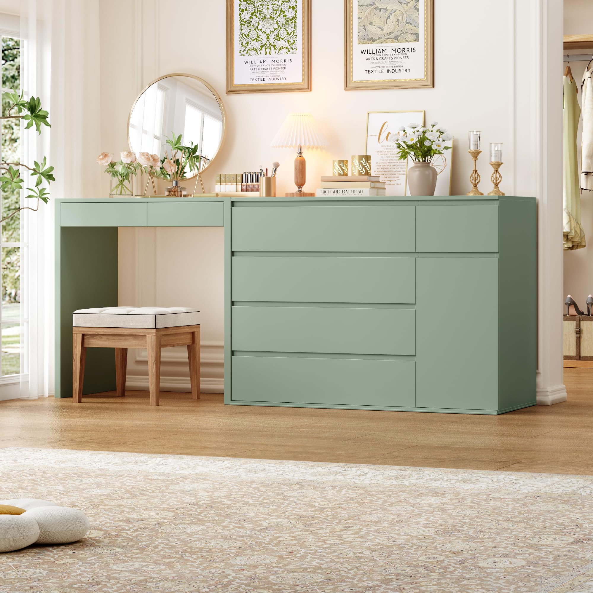 Green Dresser with Door and Deep Drawers