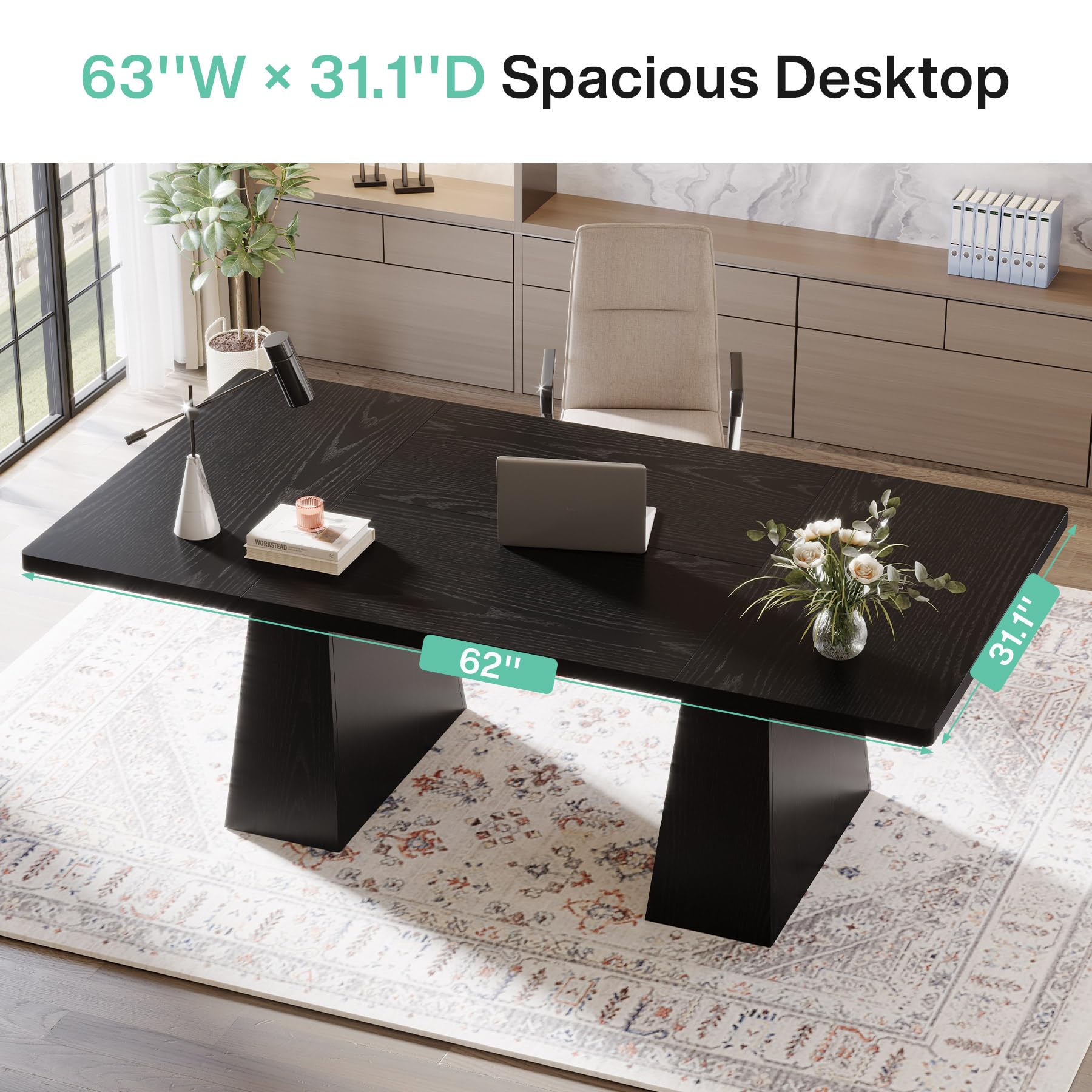 63 Inch Executive Desk Double Pedestal Black