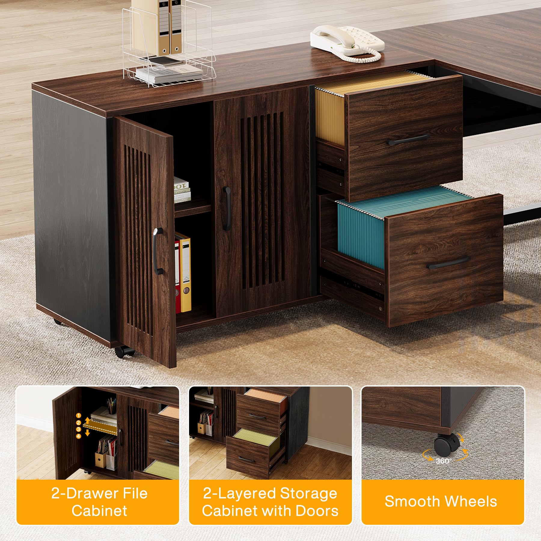 63-Inch L-Shaped Executive Desk with Mobile File Cabinet