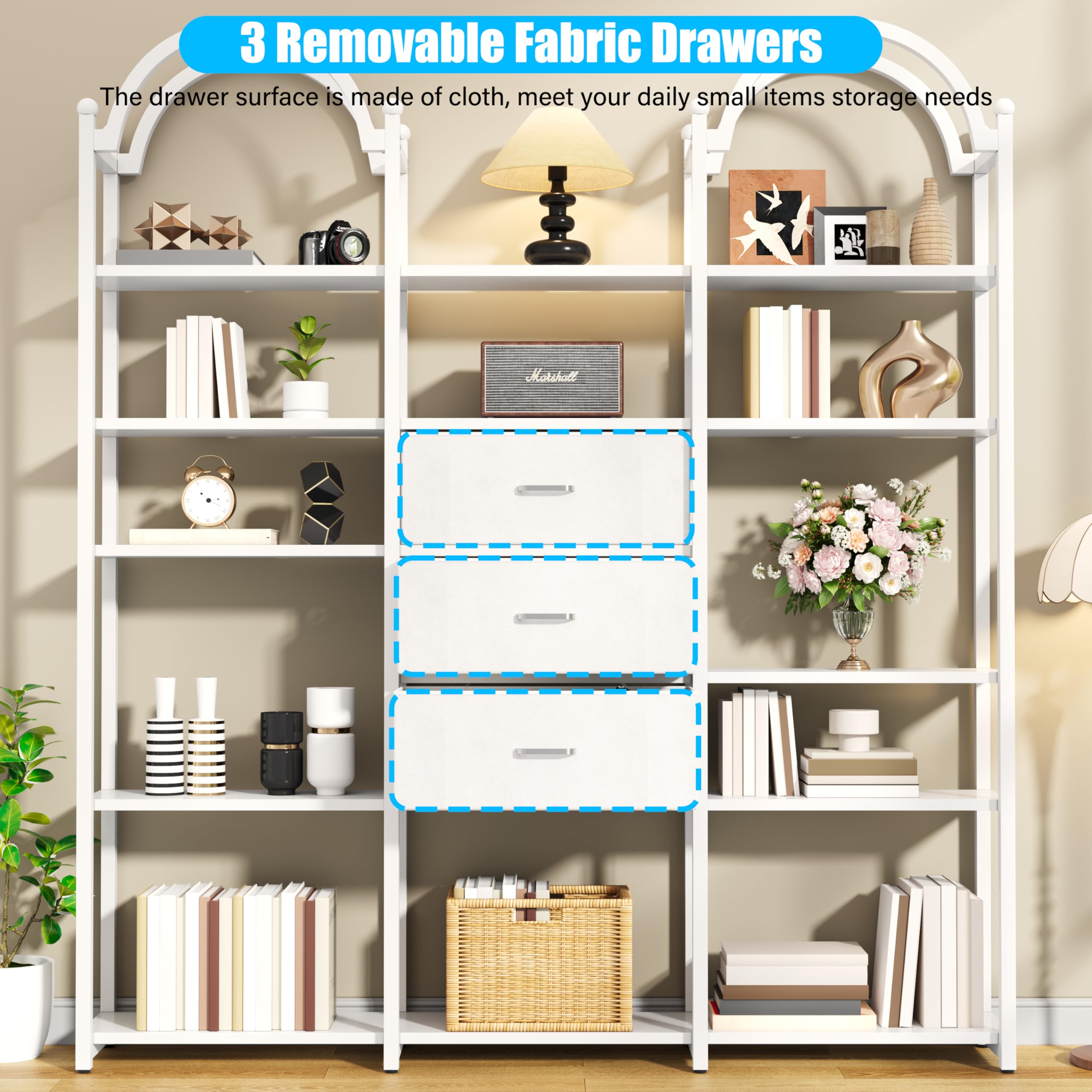 83.5" Tall Arched Bookshelf with 3 Drawers and 13 Storage Shelves