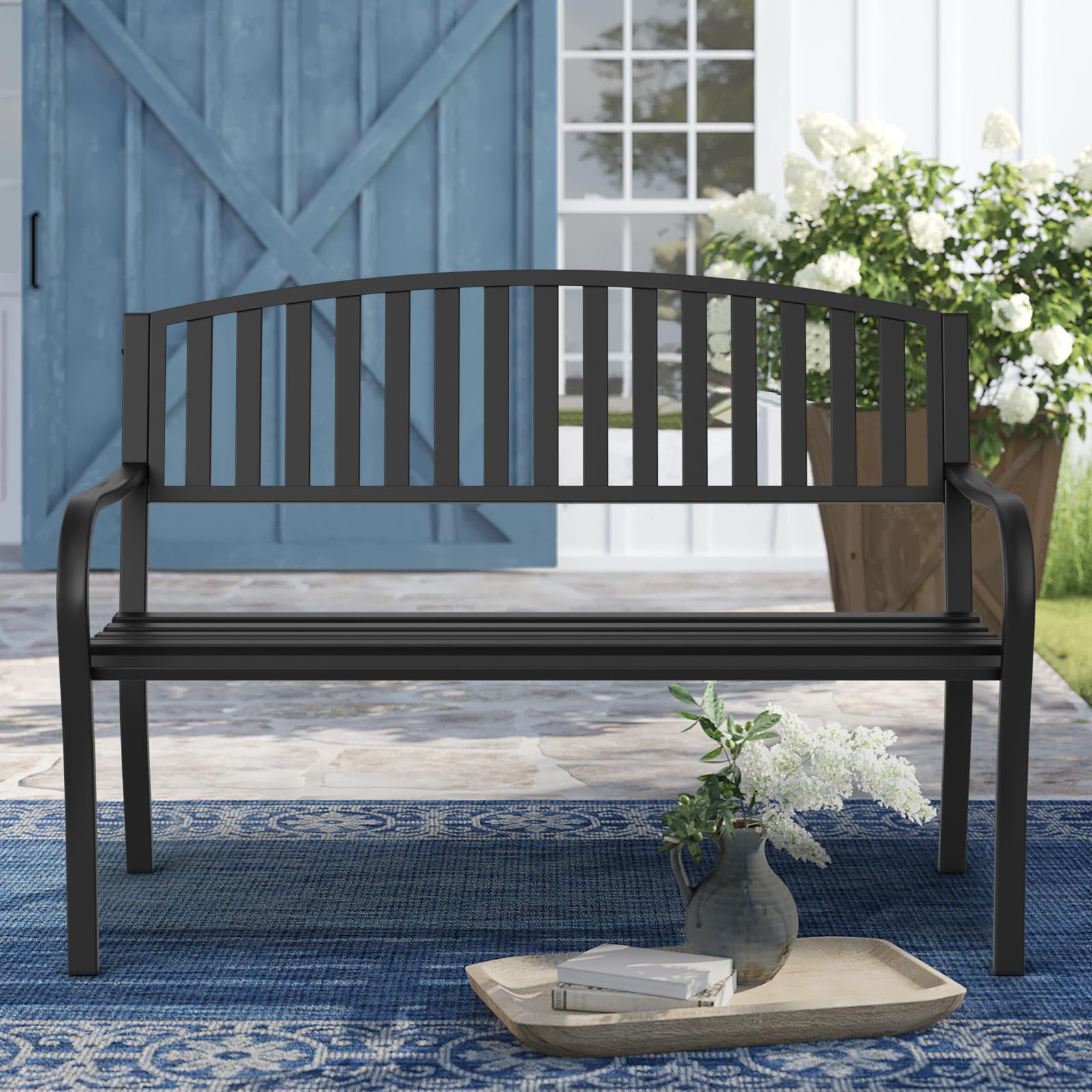 Outdoor Garden Bench - Weatherproof Anti-Rust Heavy-Duty Wrought Iron Metal