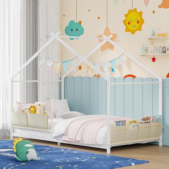House Shape Twin Montessori Bed with Storage Rack