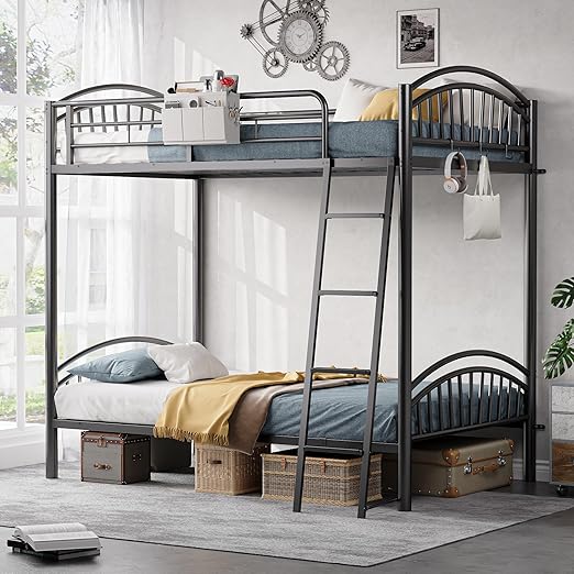 Metal Loft Bed Twin Size with Bedside Caddy and Convertible Ladder