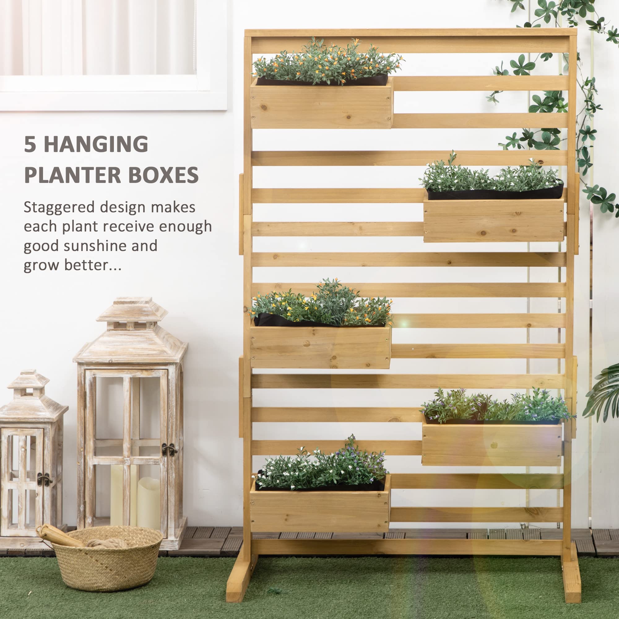 5-Tier Wooden Plant Trellis Stand with Hanging Planter Boxes