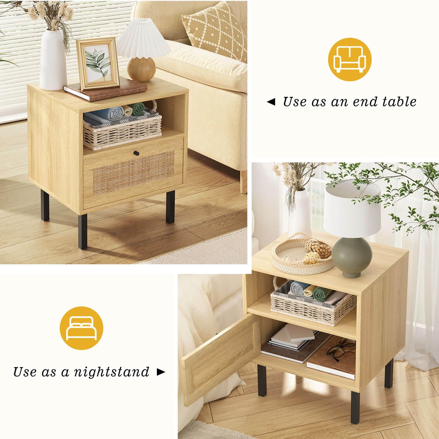 Rattan Nightstands Set of 2 with Door and Open Shelf