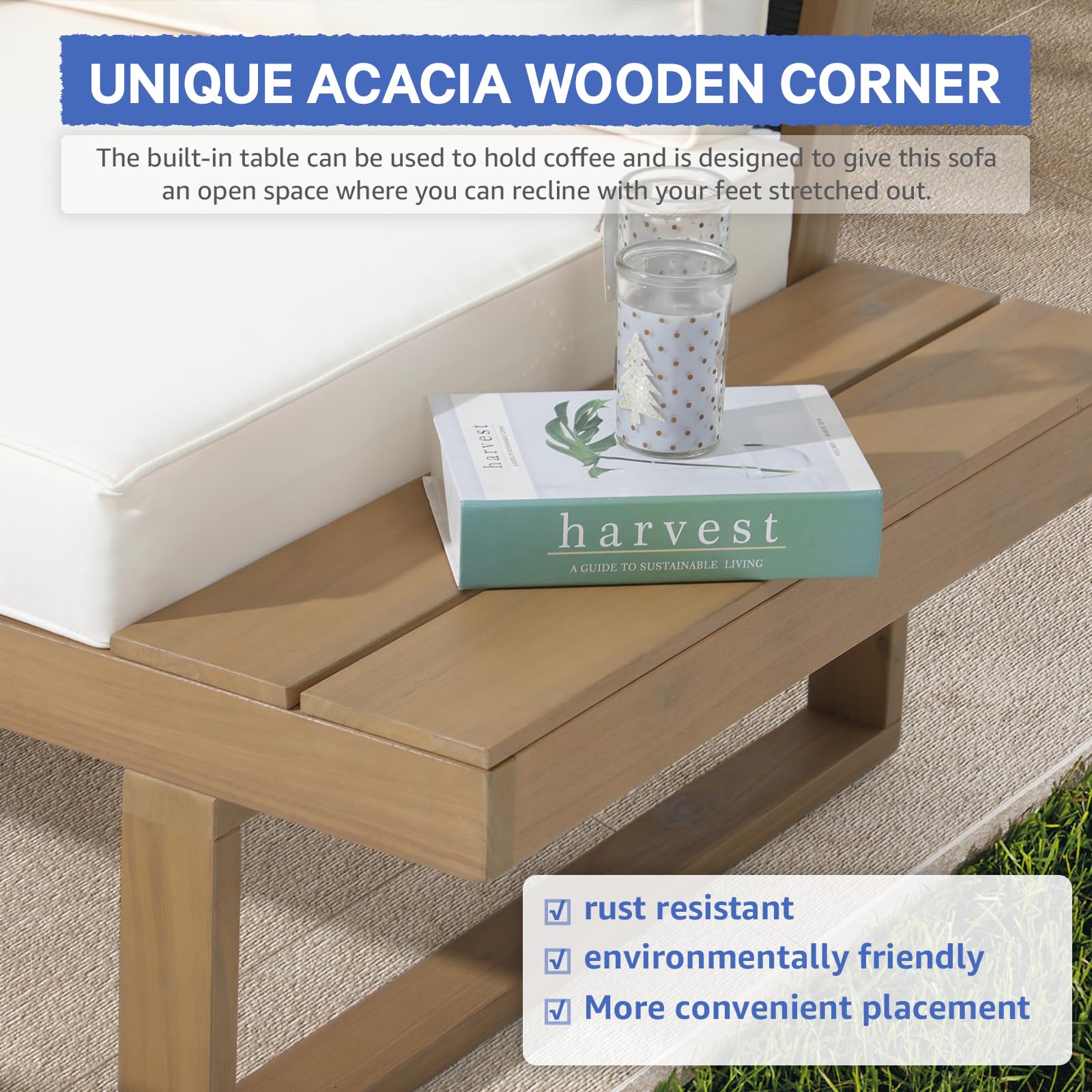 4-Piece Acacia Wood L-Shaped Outdoor Sectional Sofa Set