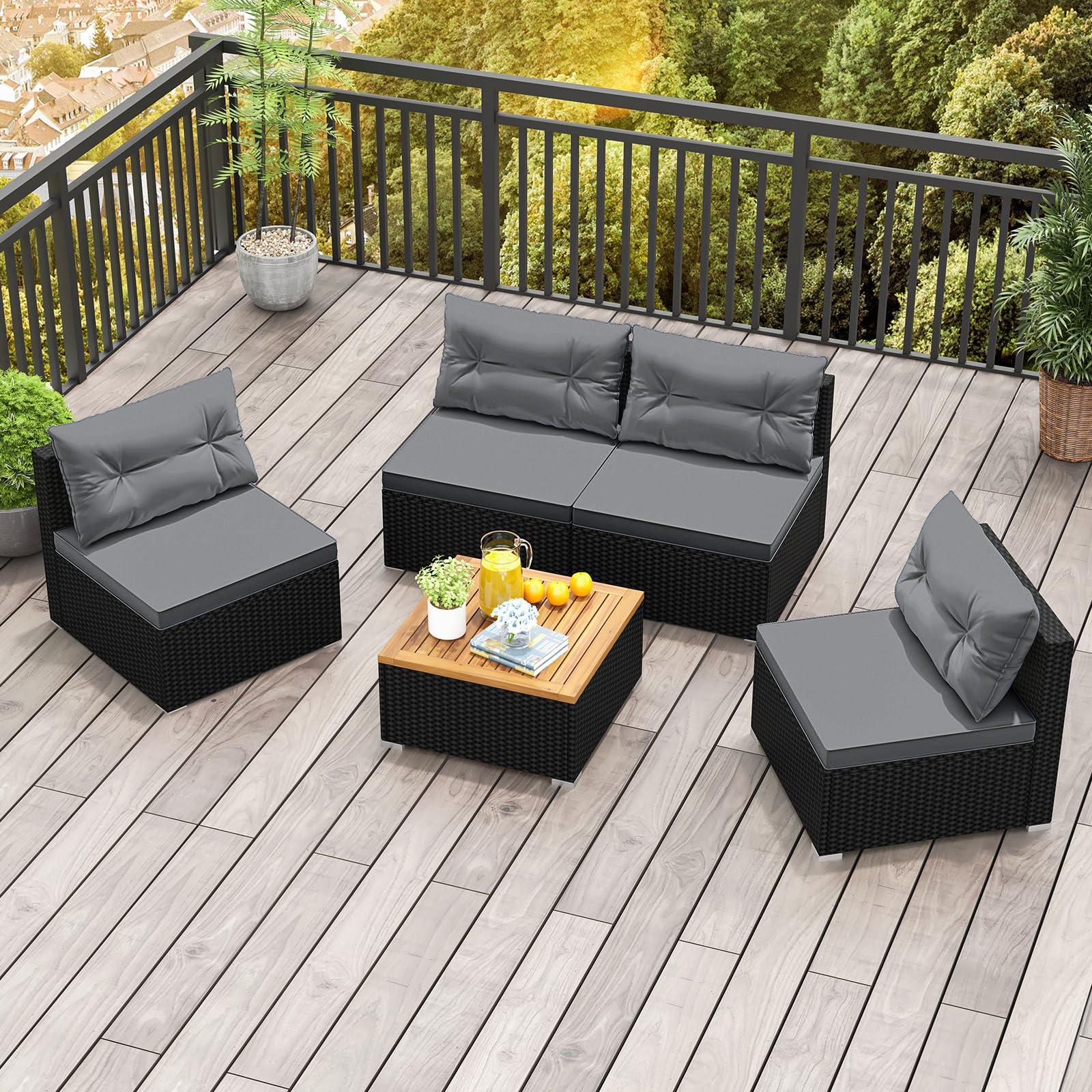 5-Piece PE Rattan Outdoor Sectional Set with Acacia Wood Coffee Table