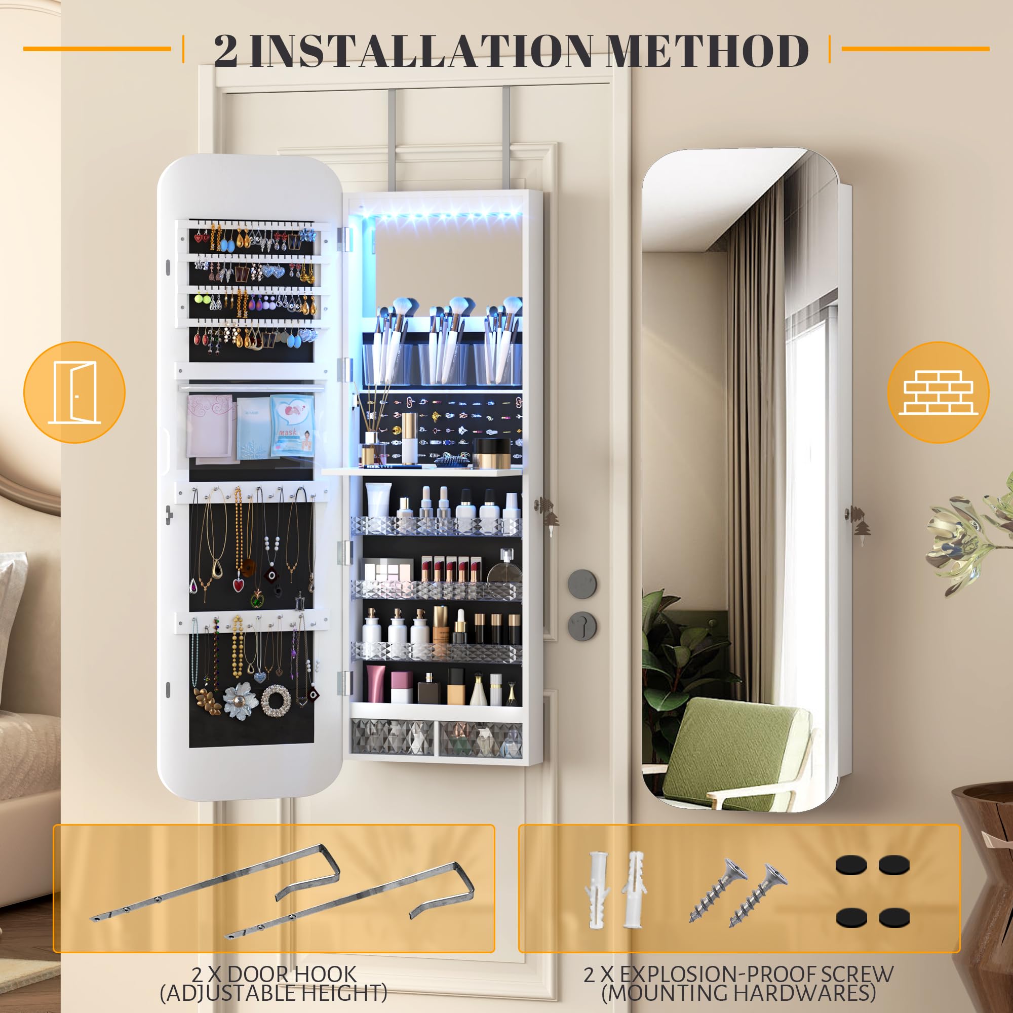47.2" LED Mirror Jewelry Cabinet Wall Mounted