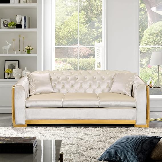 Velvet Chesterfield Sofa 3 Seater White
