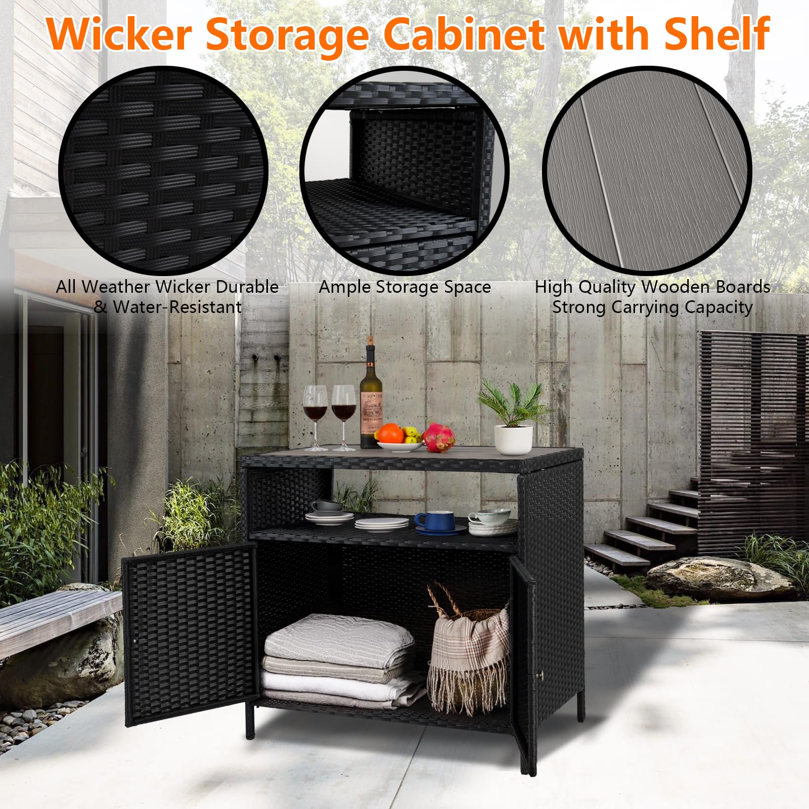 Outdoor Wicker Storage Cabinet with Shelf