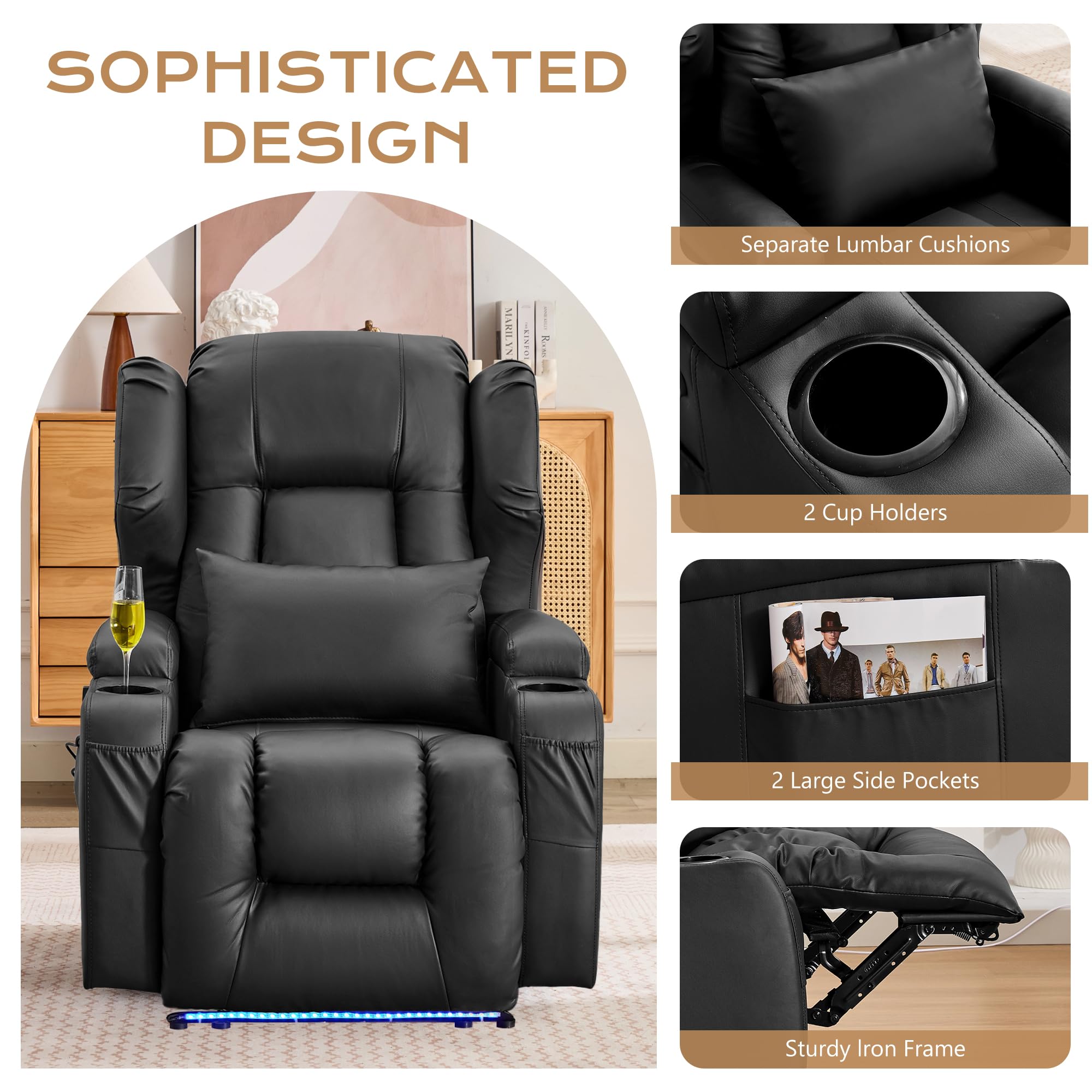 URRED Recliner Chair for Adults, Power Reclining Sofa Chair Home Theater Seating with Vibration Massage and Heat, LED Ambient Light, USB Ports, Cup Holders, Side Pockets (Black)