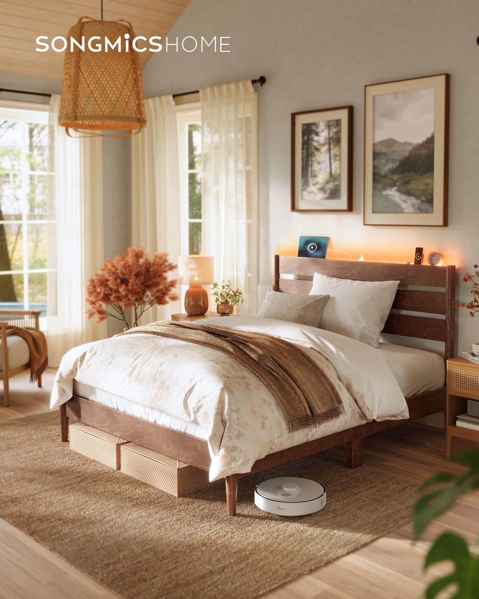 Full Bed Frame with Headboard, LED Lights & Charging Station