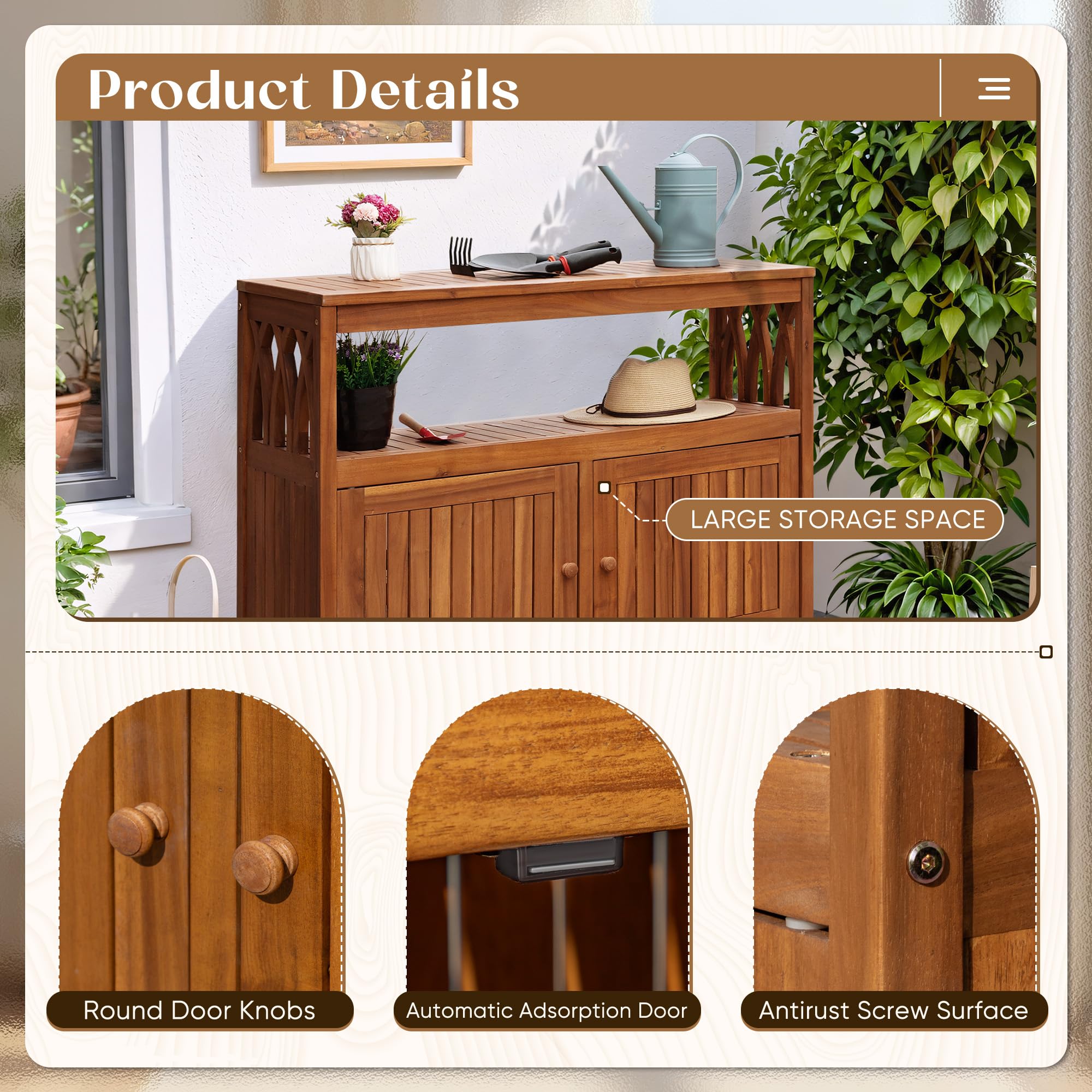 Outdoor Storage Cabinet Weatherproof Acacia Wood with Magnetic Doors