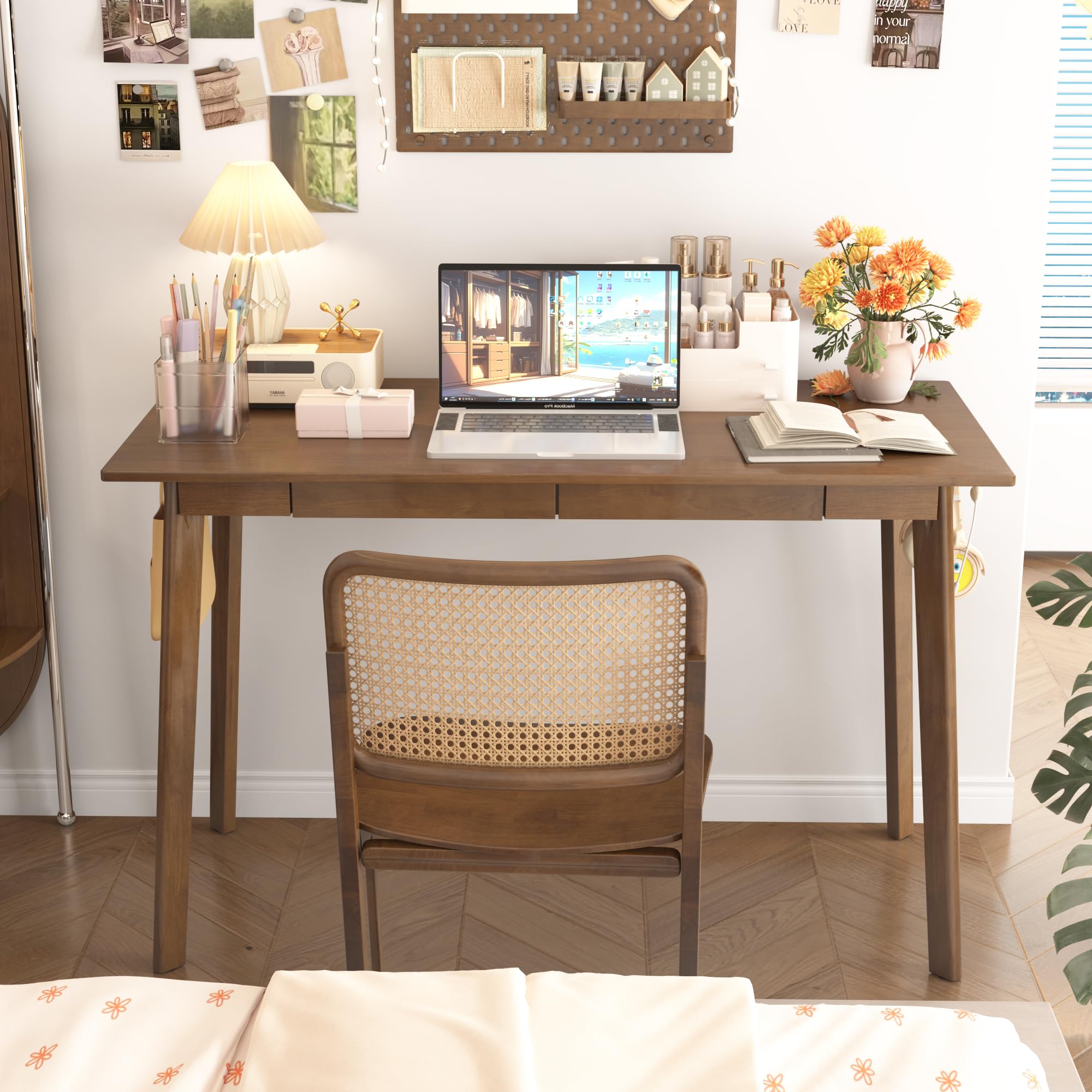 48-Inch Solid Wood Desk with Drawers and Hooks