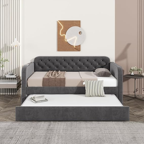 Twin Size Upholstered Daybed with Trundle and USB Ports