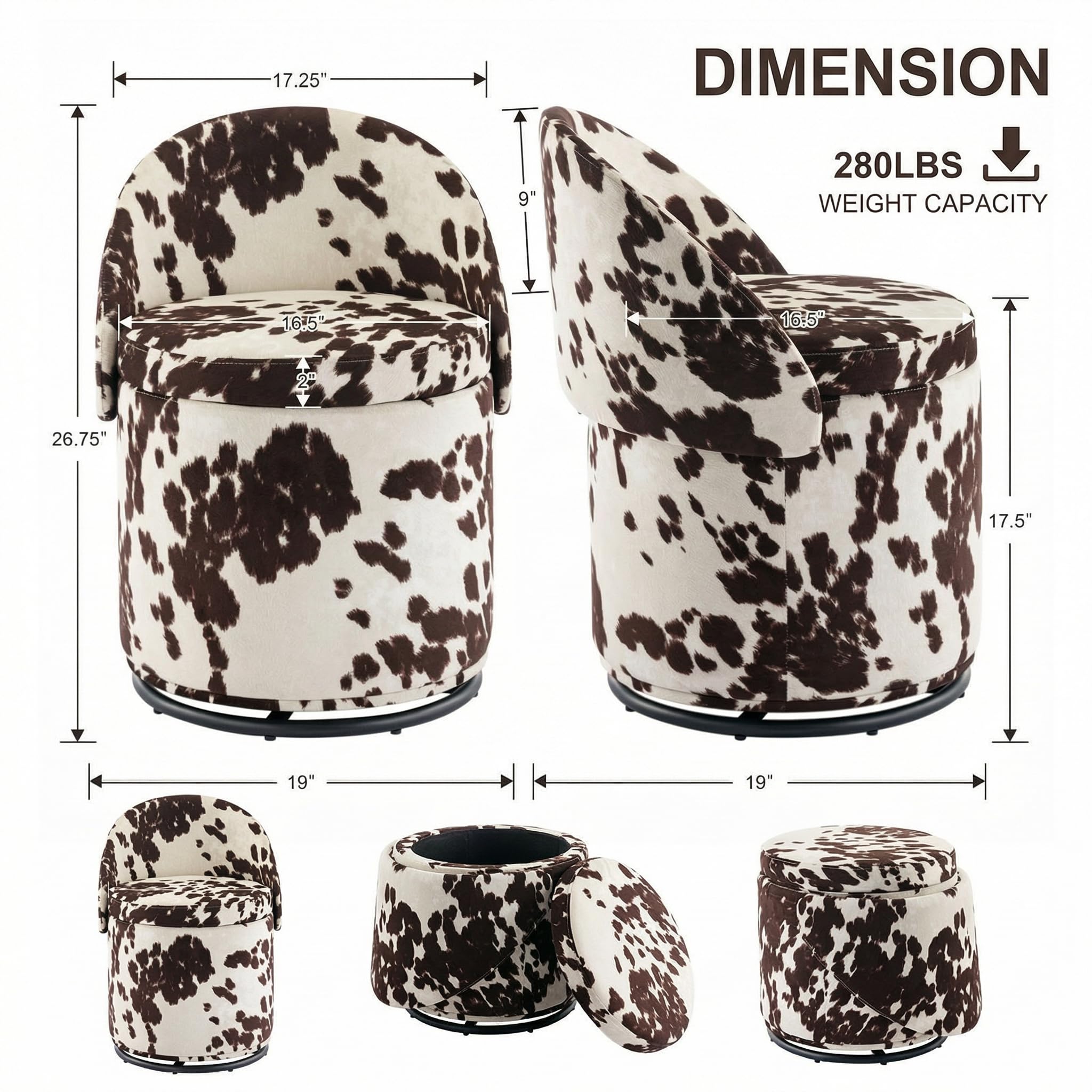 Round Swivel Storage Ottoman with Backrest