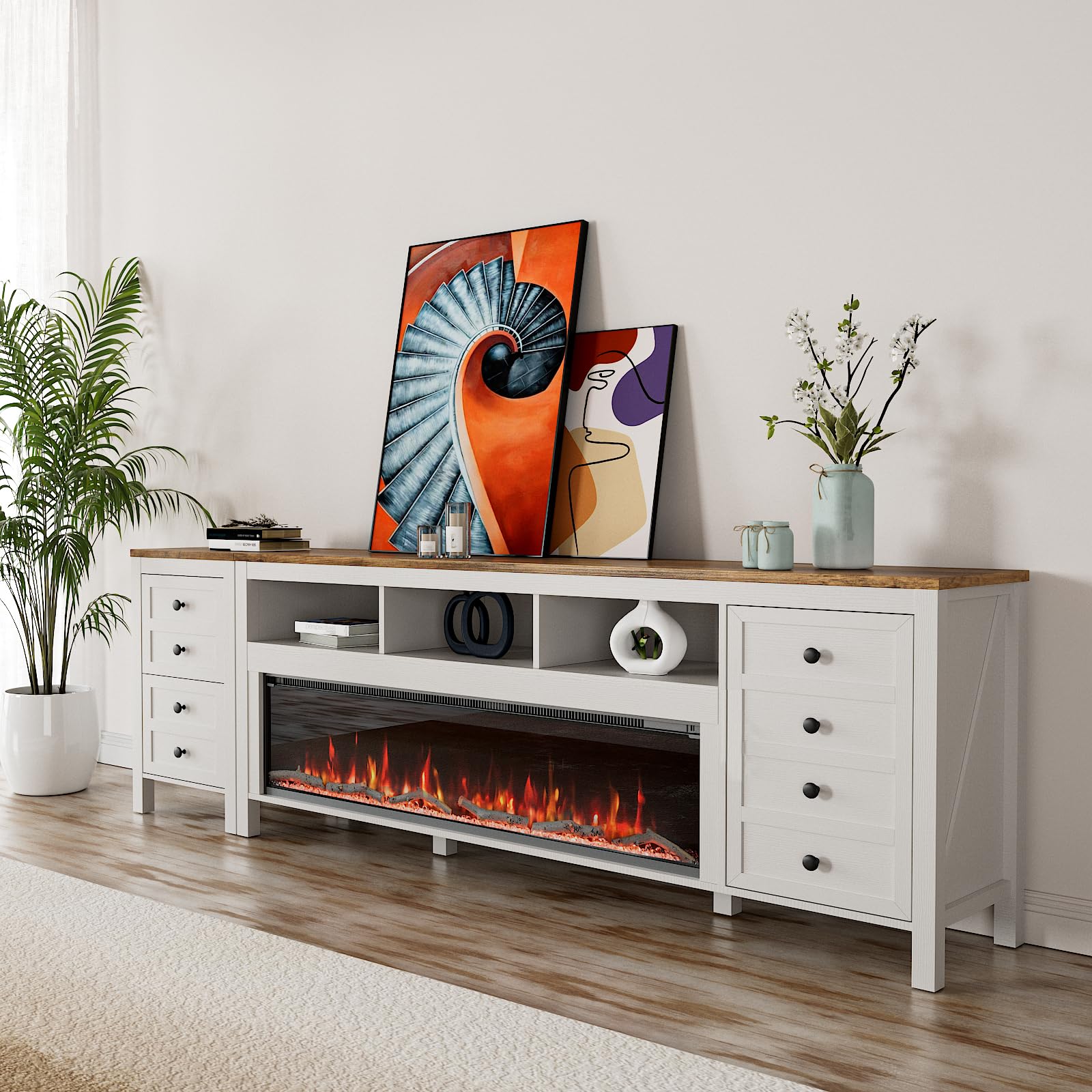 83 Inch Fireplace TV Stand with Electric Fireplace and Storage